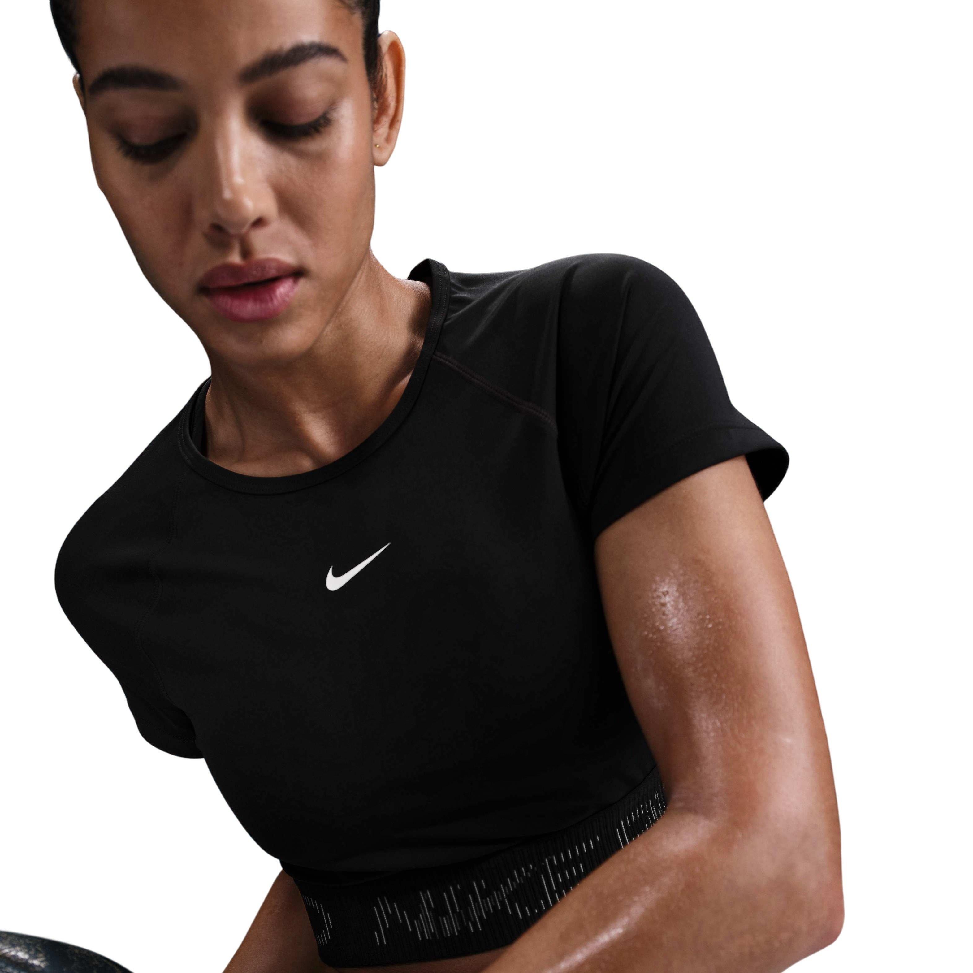 Nike Women's Pro Dri-FIT Short-Sleeve Cropped Graphic Top - Black - BLACK Thumbnail View 1