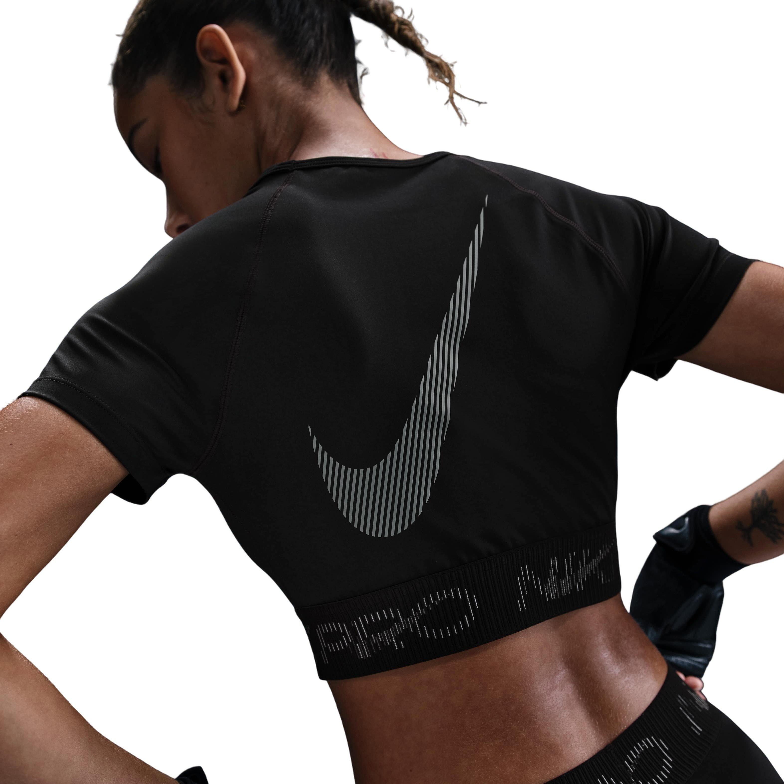 Nike Women's Pro Dri-FIT Short-Sleeve Cropped Graphic Top - Black - BLACK Thumbnail View 2