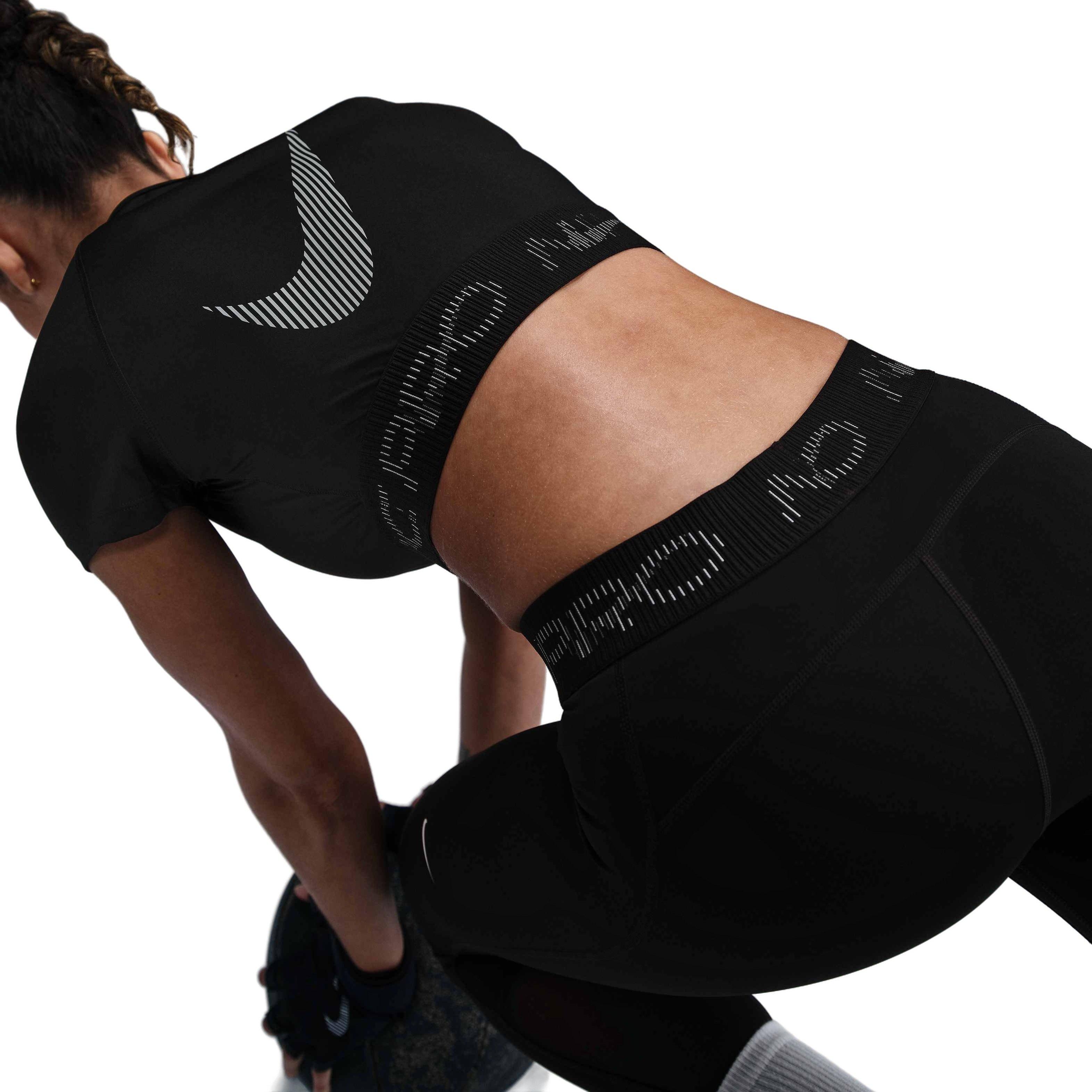 Nike Women's Pro Dri-FIT Short-Sleeve Cropped Graphic Top-Black - BLACK Thumbnail View 3