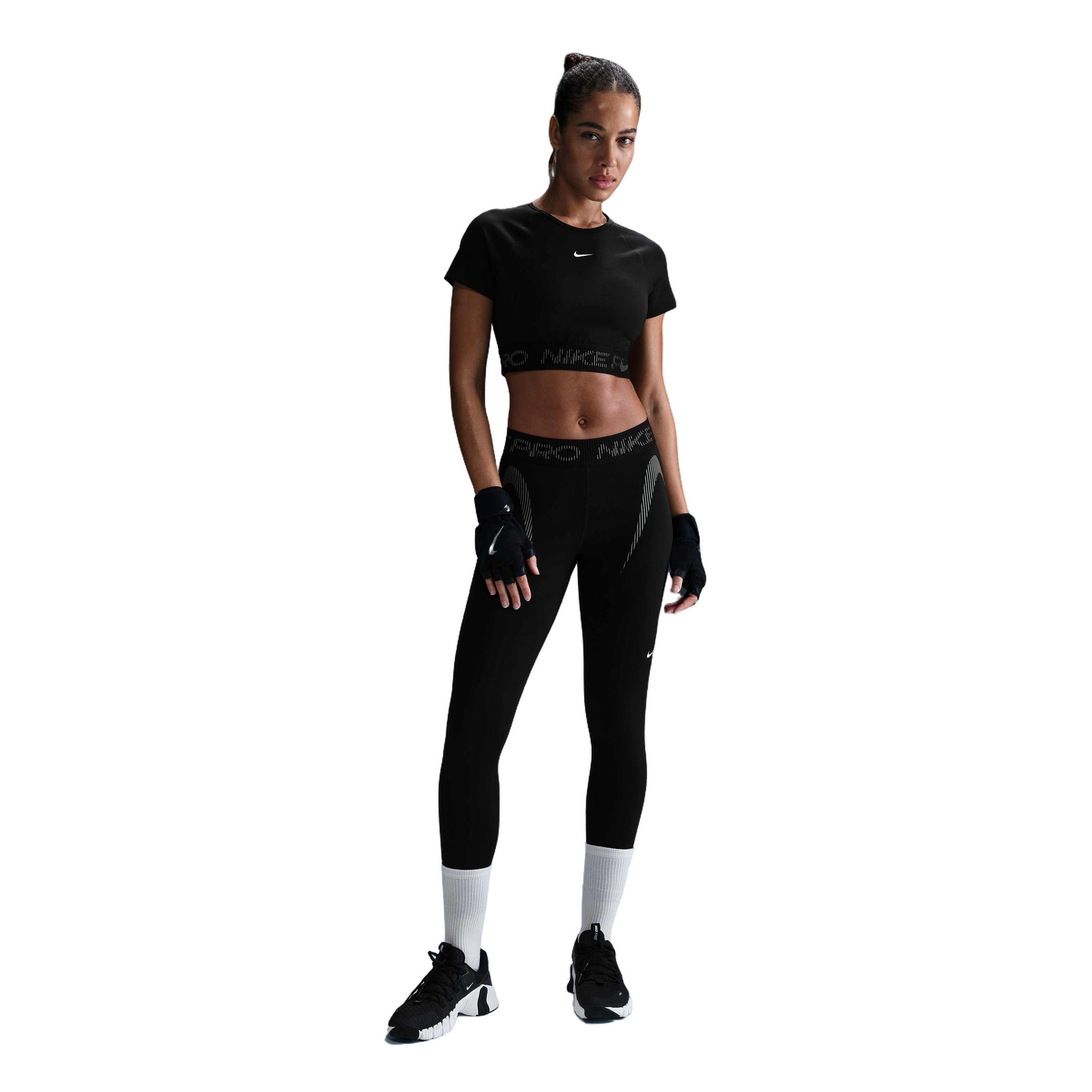 Nike Women's Pro Dri-FIT Short-Sleeve Cropped Graphic Top - Black - BLACK Thumbnail View 4