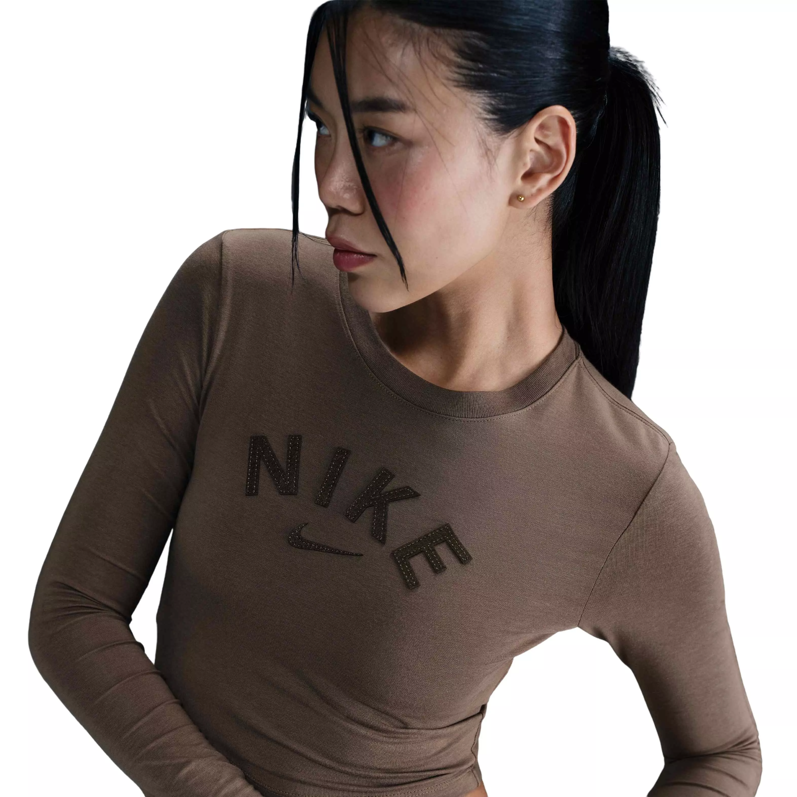 Nike Women's Sportswear Chill Knit Slim Cropped T-Shirt-Brown - BROWN