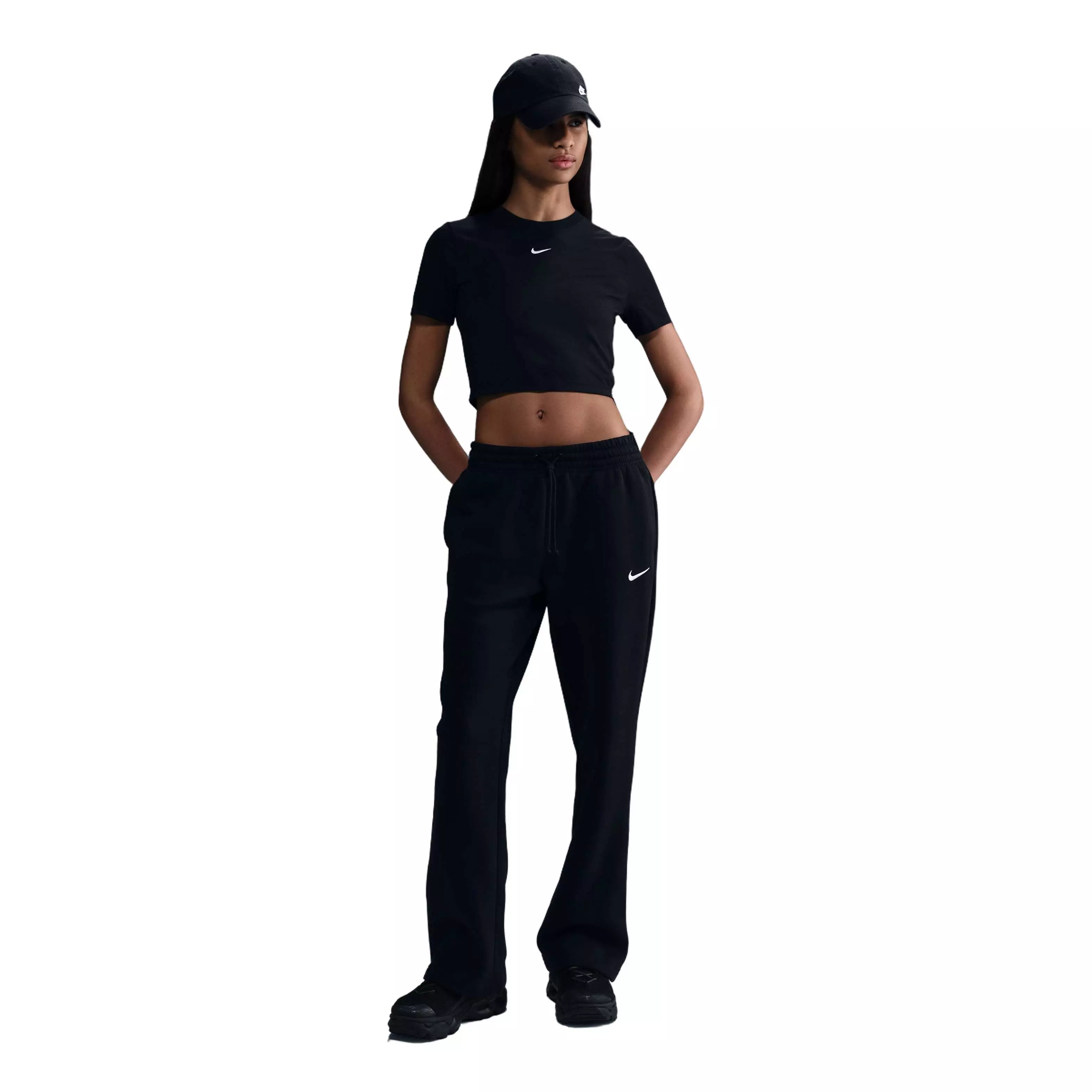 Nike Women's Sportswear Phoenix Fleece Mid-Rise Open-Hem Pants - Black - BLACK