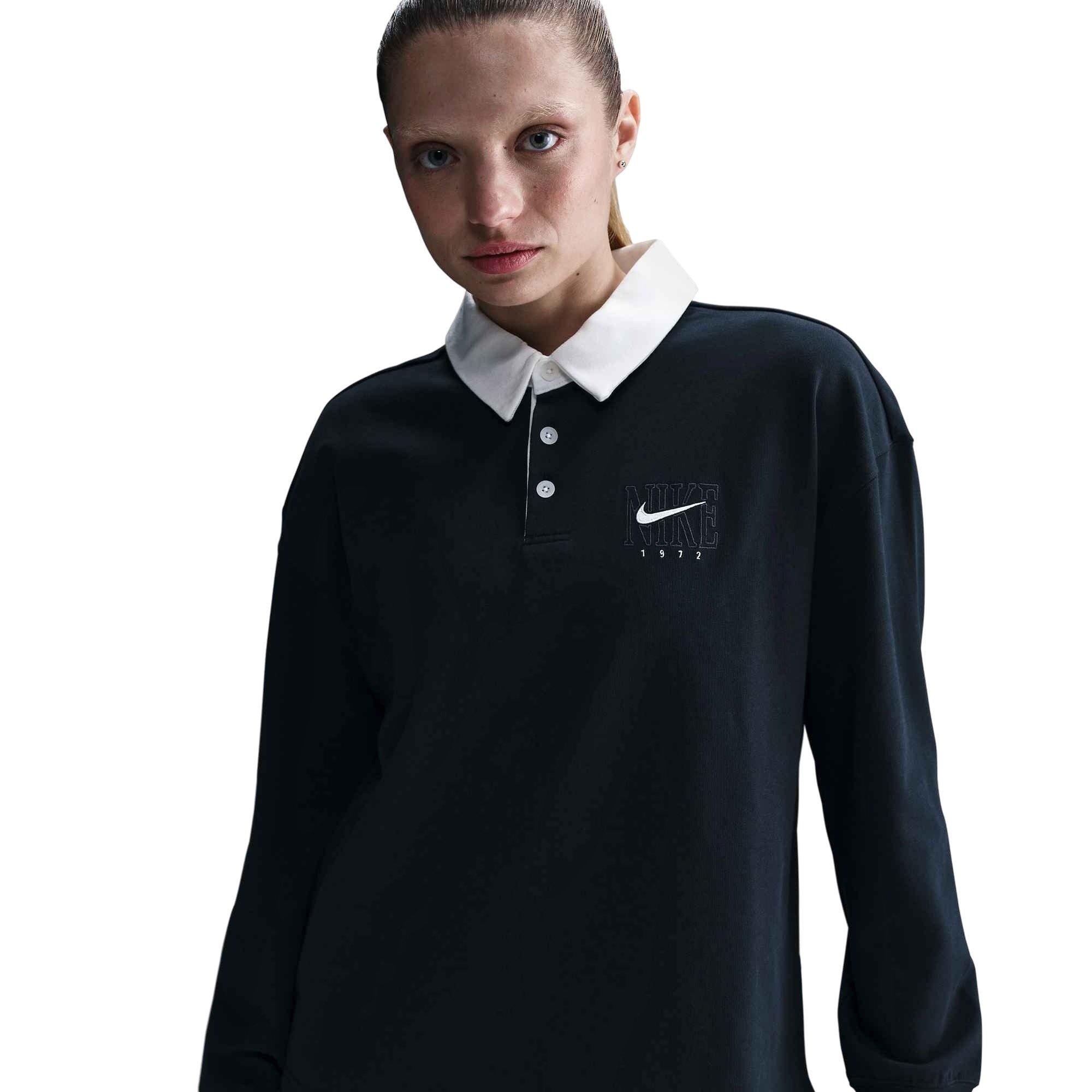 Nike Women's Sportswear Essential Oversized Long-Sleeve Polo - Black - BLACK Thumbnail View 1