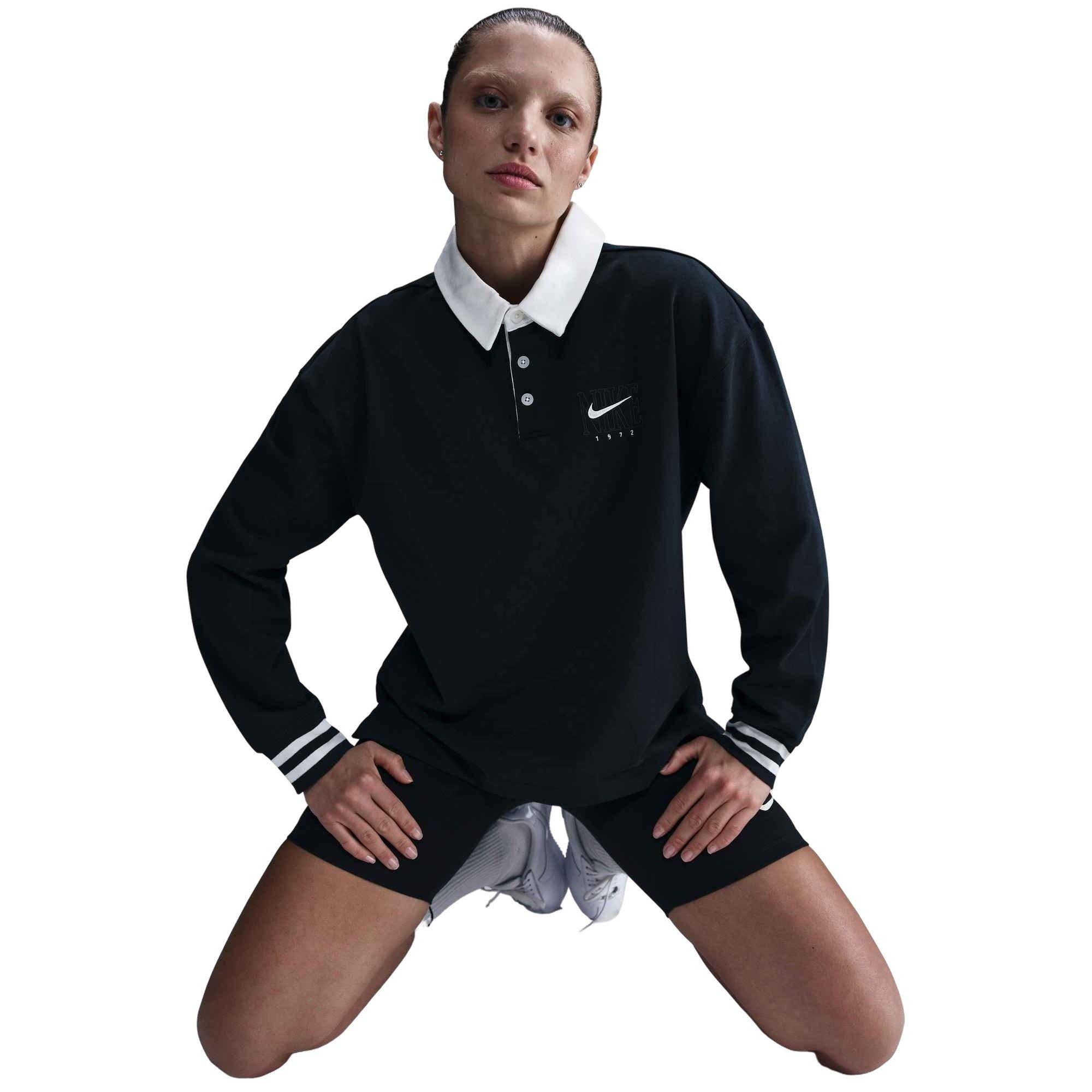 Nike Women's Sportswear Essential Oversized Long-Sleeve Polo - Black - BLACK Thumbnail View 3