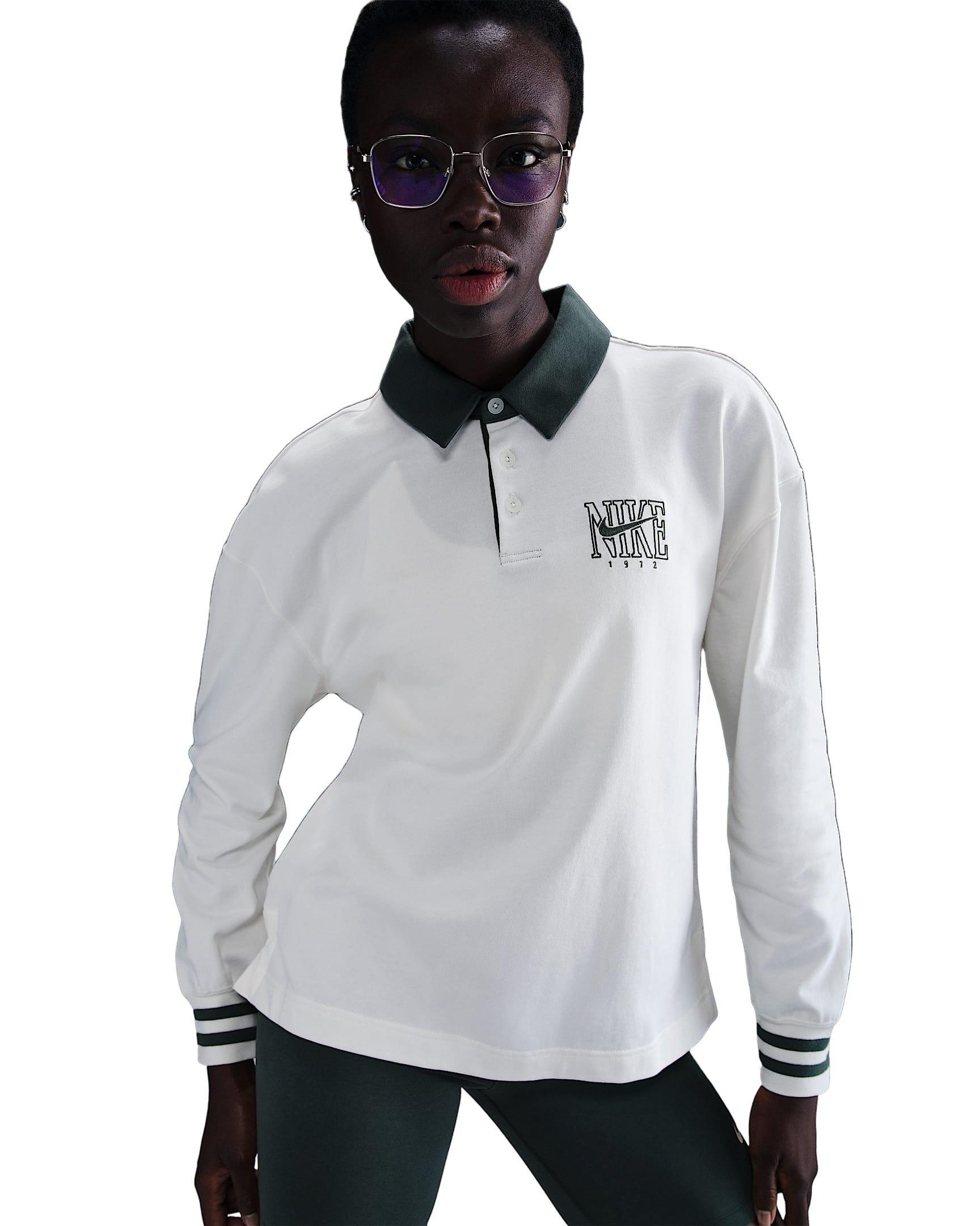 Nike Women's Sportswear Essential Oversized Long-Sleeve Polo - White - WHITE Thumbnail View 1