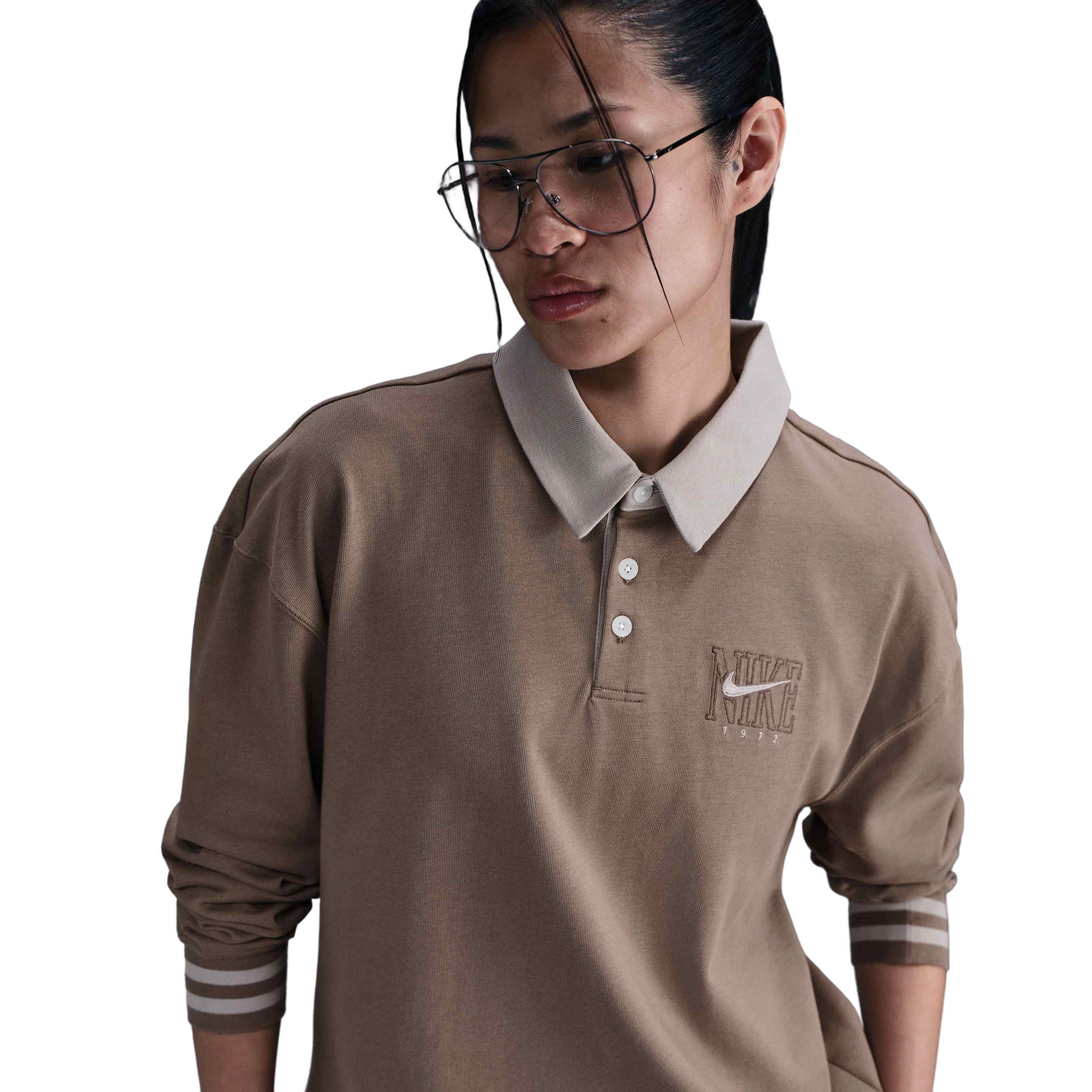 Nike Women's Sportswear Essential Oversized Long-Sleeve Polo - Brown - BROWN Thumbnail View 1