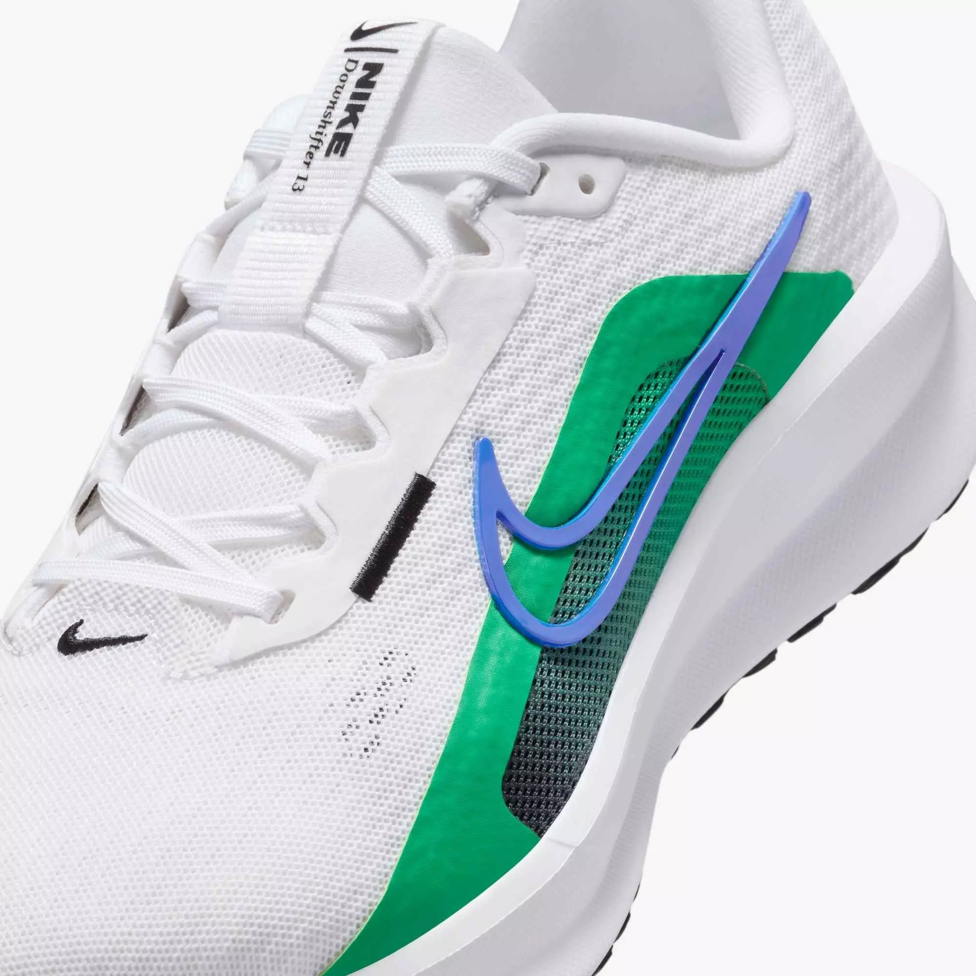 Nike Downshifter 13 "White/Stadium Green/Black/Racer Blue" Women's Wide Running Shoe - WHITE/GREEN/BLACK/BLUE