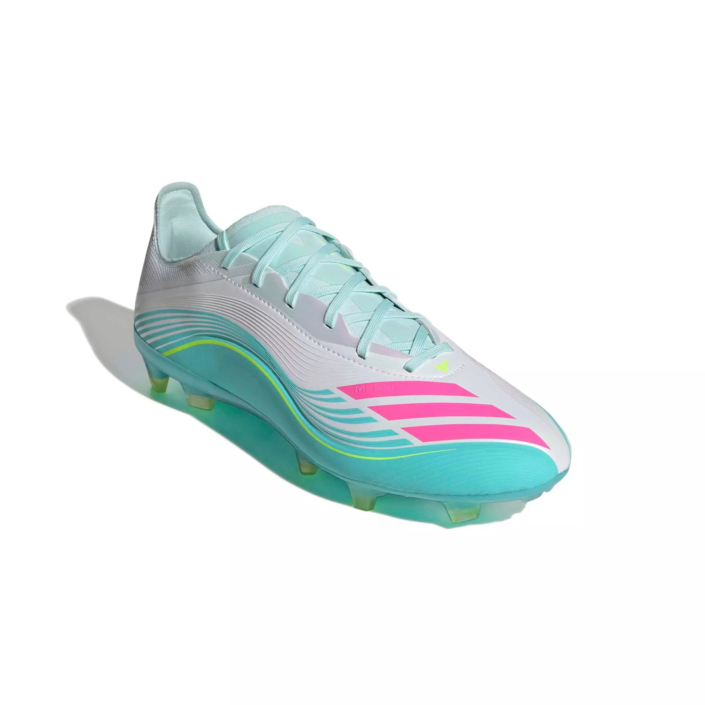 adidas F50 Messi Pro FG "Ftwr White/Lucid Pink/Flash Aqua" Men's Soccer Cleat - WHITE/PINK/AQUA
