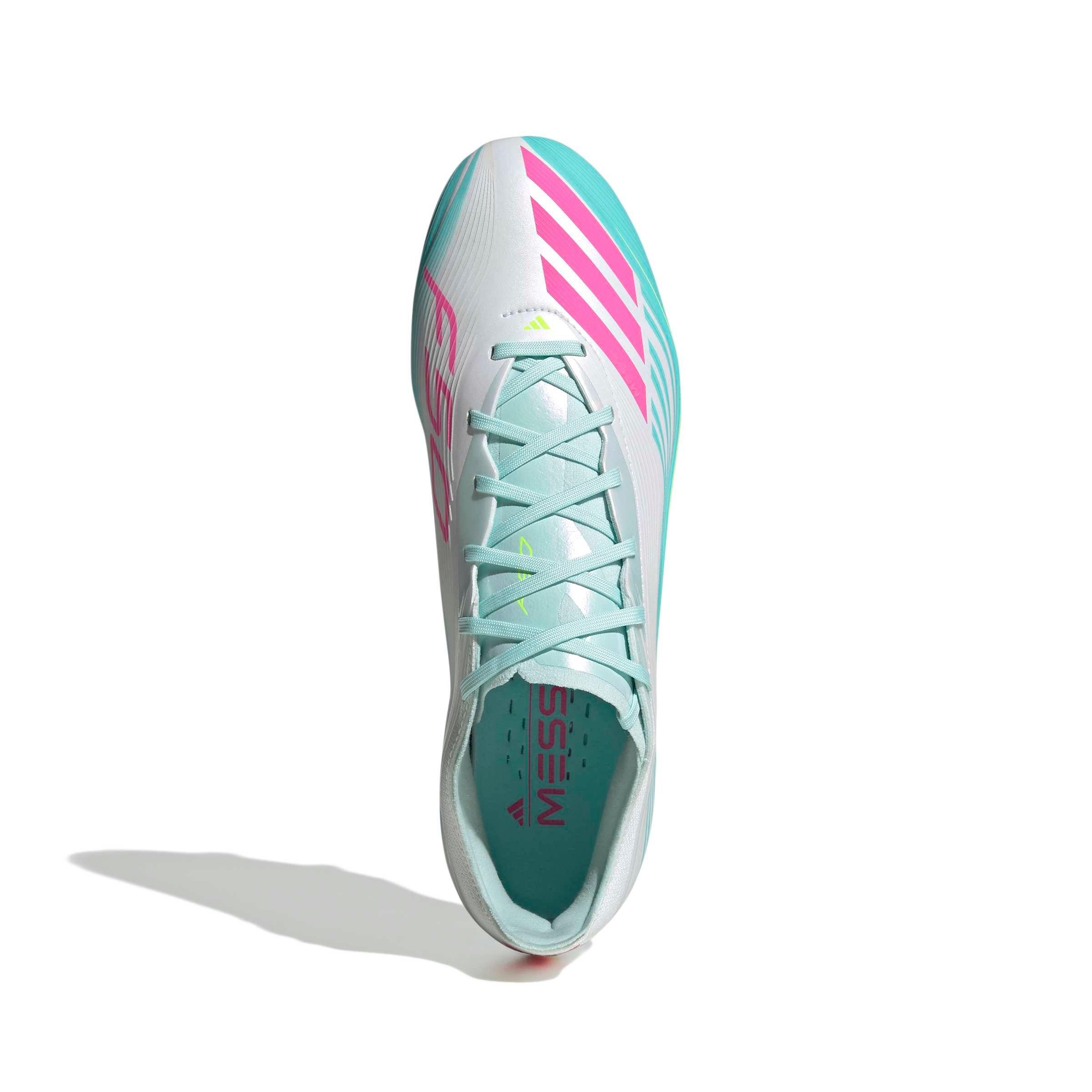 adidas F50 Messi Pro FG "Ftwr White/Lucid Pink/Flash Aqua" Men's Soccer Cleat - WHITE/PINK/AQUA Thumbnail View 5