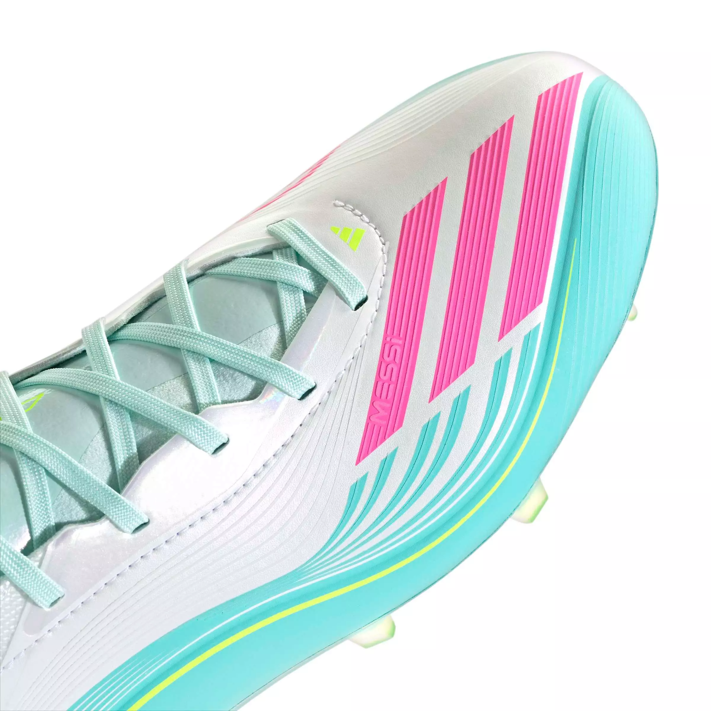 adidas F50 Messi Pro FG "Ftwr White/Lucid Pink/Flash Aqua" Men's Soccer Cleat - WHITE/PINK/AQUA