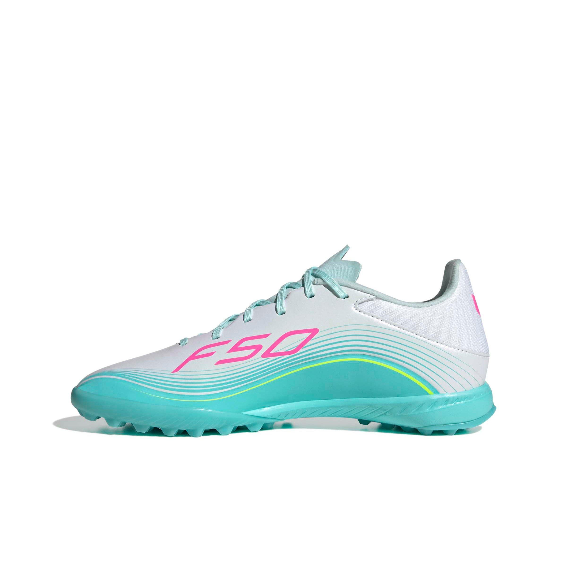 adidas F50 Messi League Turf "Ftwr White/Lucid Pink/Flash Aqua" Men's Soccer Shoe - WHITE/PINK/AQUA Thumbnail View 2