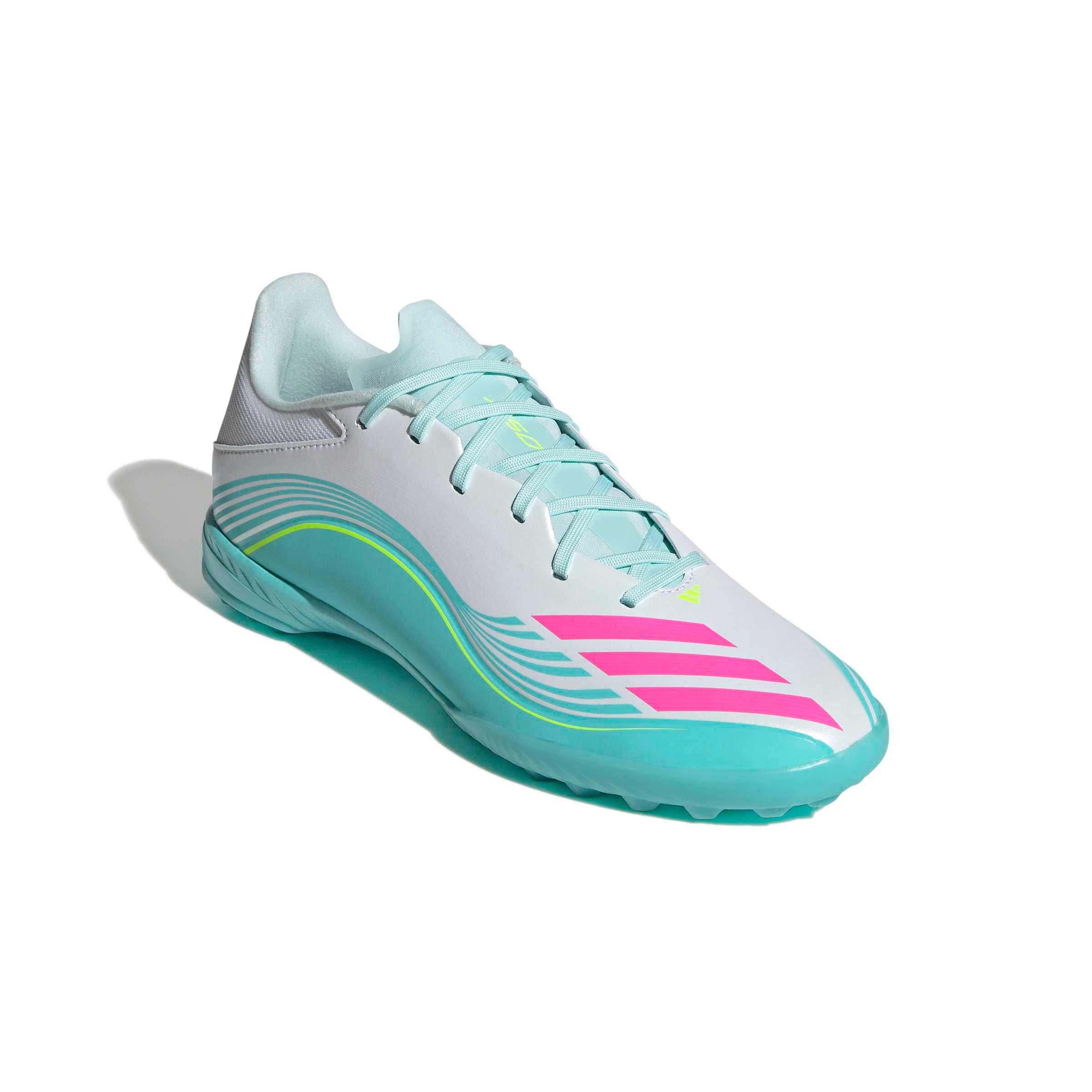 adidas F50 Messi League Turf "Ftwr White/Lucid Pink/Flash Aqua" Men's Soccer Shoe - WHITE/PINK/AQUA Thumbnail View 3