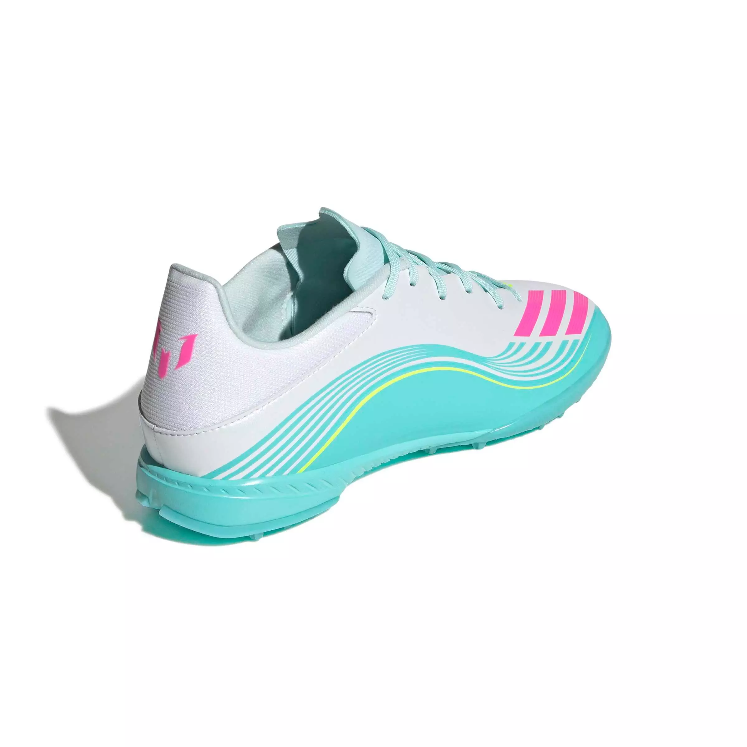 adidas F50 Messi League Turf "Ftwr White/Lucid Pink/Flash Aqua" Men's Soccer Shoe - WHITE/PINK/AQUA