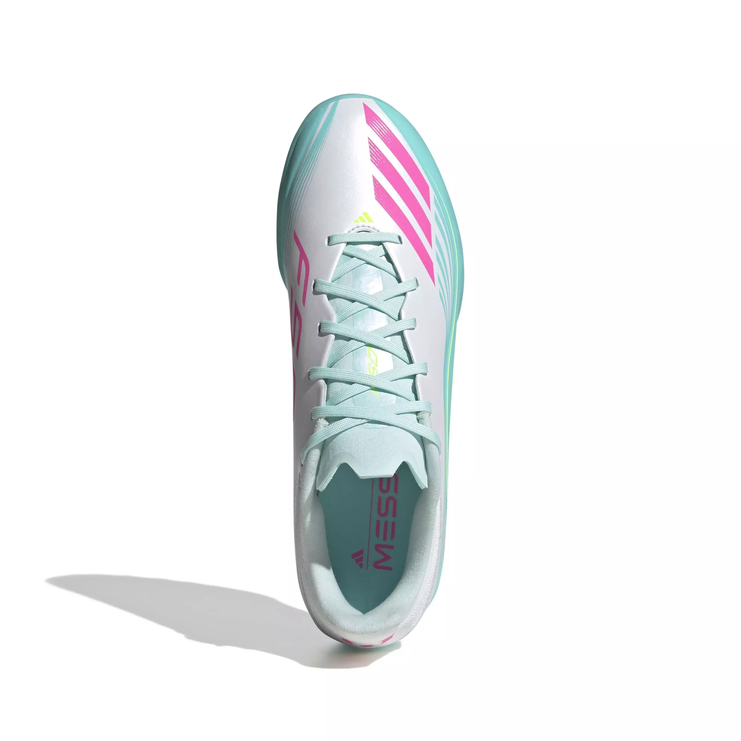 adidas F50 Messi League Turf "Ftwr White/Lucid Pink/Flash Aqua" Men's Soccer Shoe - WHITE/PINK/AQUA