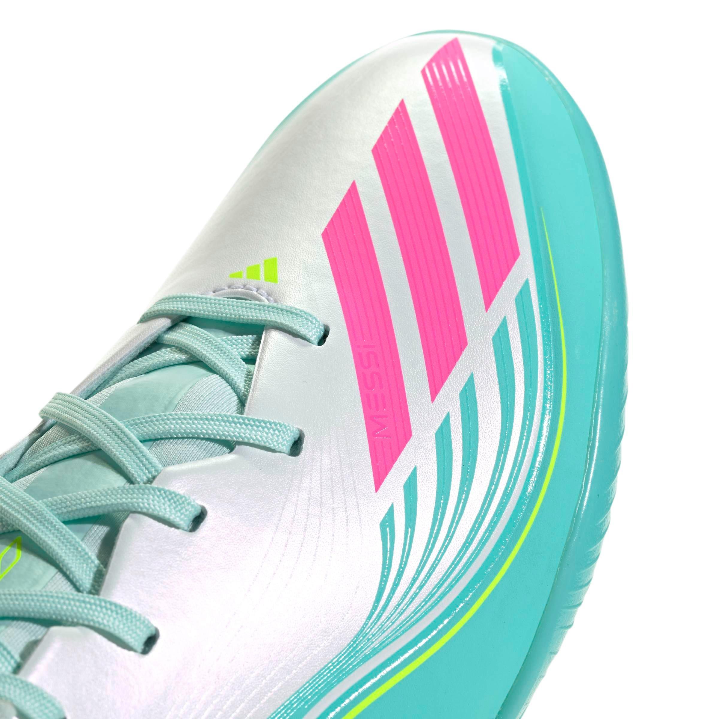 adidas F50 Messi League Turf "Ftwr White/Lucid Pink/Flash Aqua" Men's Soccer Shoe - WHITE/PINK/AQUA Thumbnail View 7