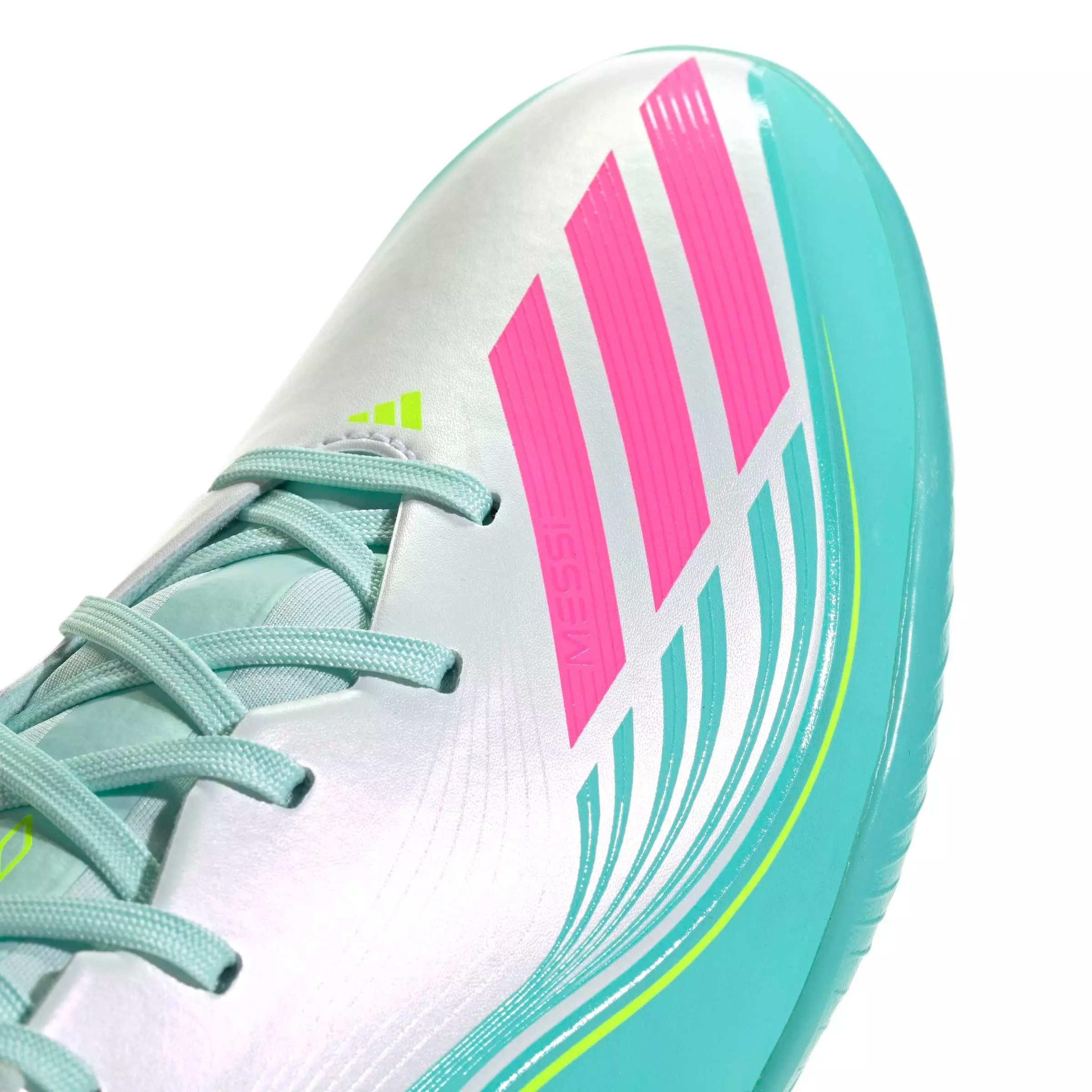 adidas F50 Messi League Turf "Ftwr White/Lucid Pink/Flash Aqua" Men's Soccer Shoe - WHITE/PINK/AQUA