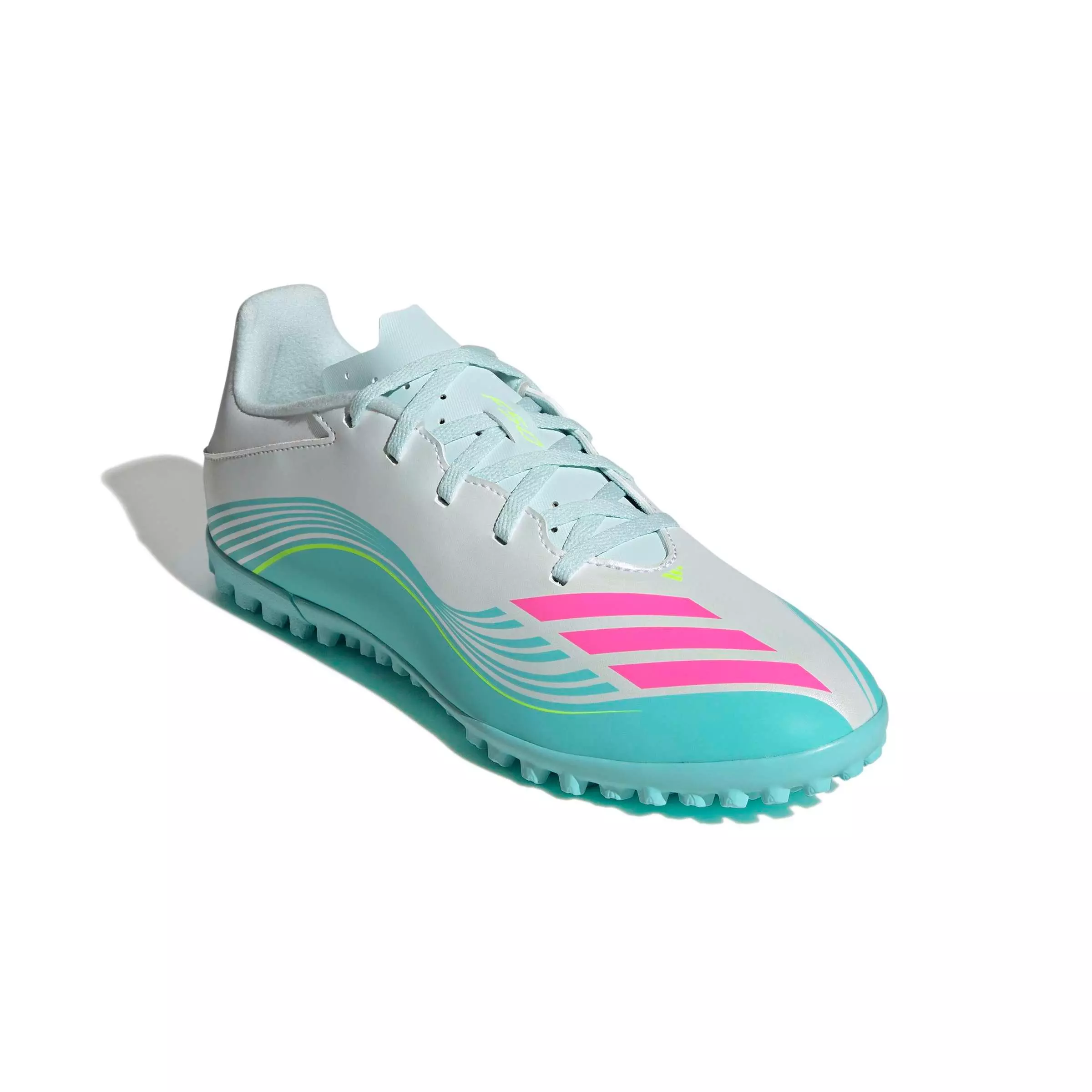 adidas F50 Messi Club Turf "Ftwr White/Lucid Pink/Flash Aqua" Men's Soccer Shoe - WHITE/PINK/AQUA