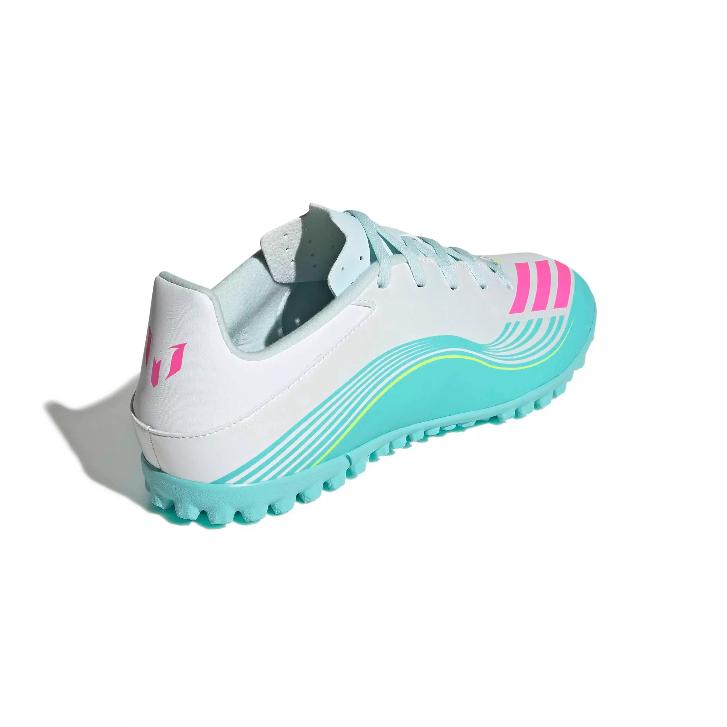 adidas F50 Messi Club Turf "Ftwr White/Lucid Pink/Flash Aqua" Men's Soccer Shoe - WHITE/PINK/AQUA