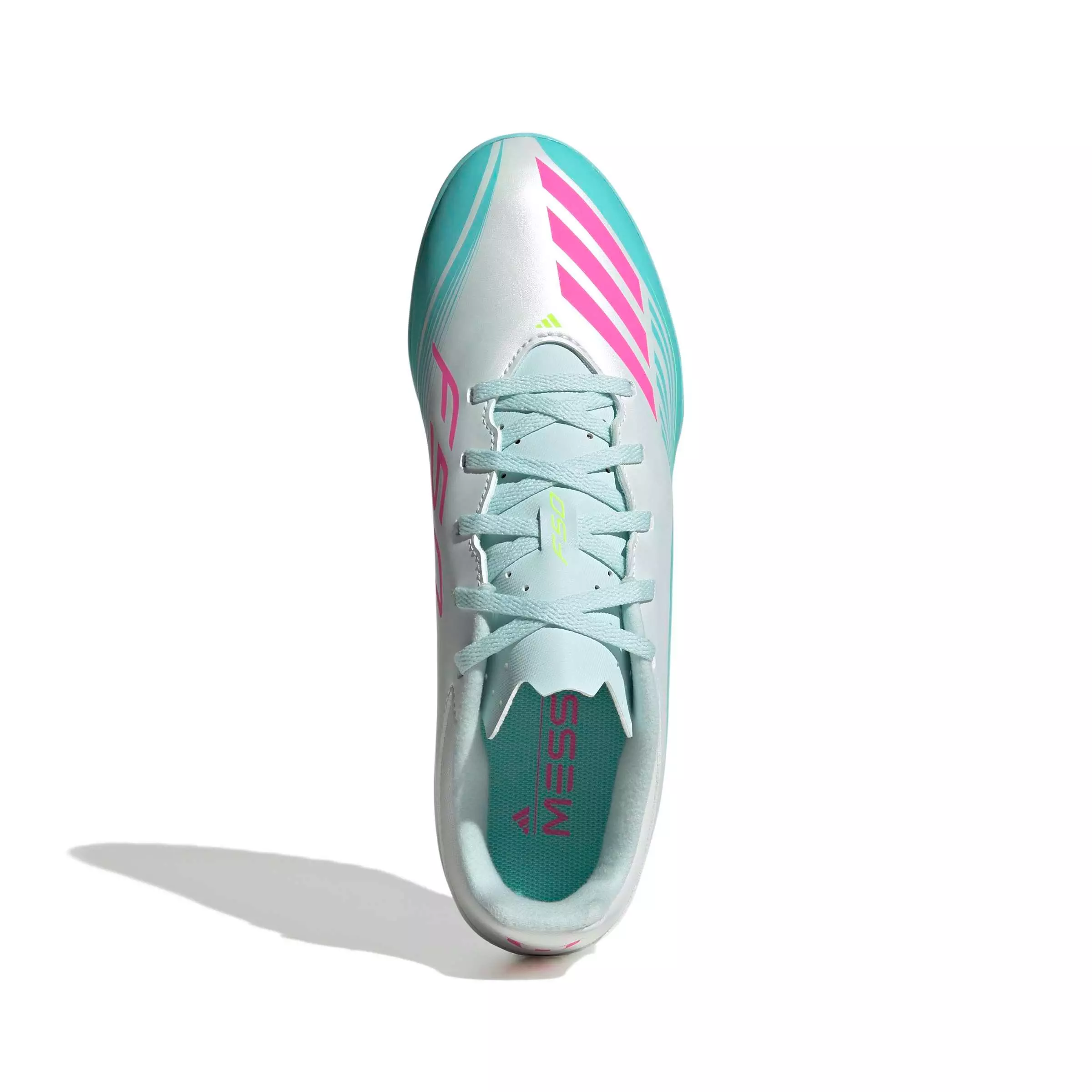 adidas F50 Messi Club Turf "Ftwr White/Lucid Pink/Flash Aqua" Men's Soccer Shoe - WHITE/PINK/AQUA