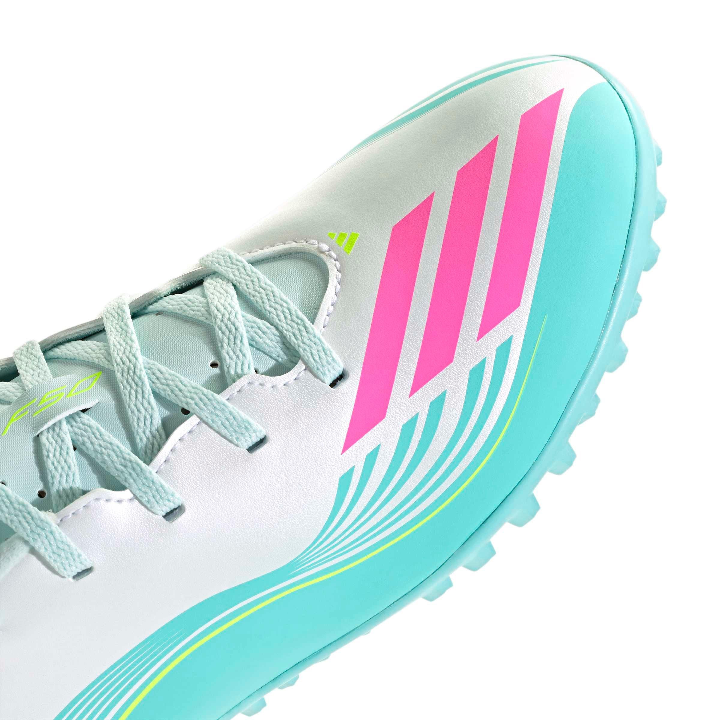 adidas F50 Messi Club Turf "Ftwr White/Lucid Pink/Flash Aqua" Men's Soccer Shoe - WHITE/PINK/AQUA Thumbnail View 8