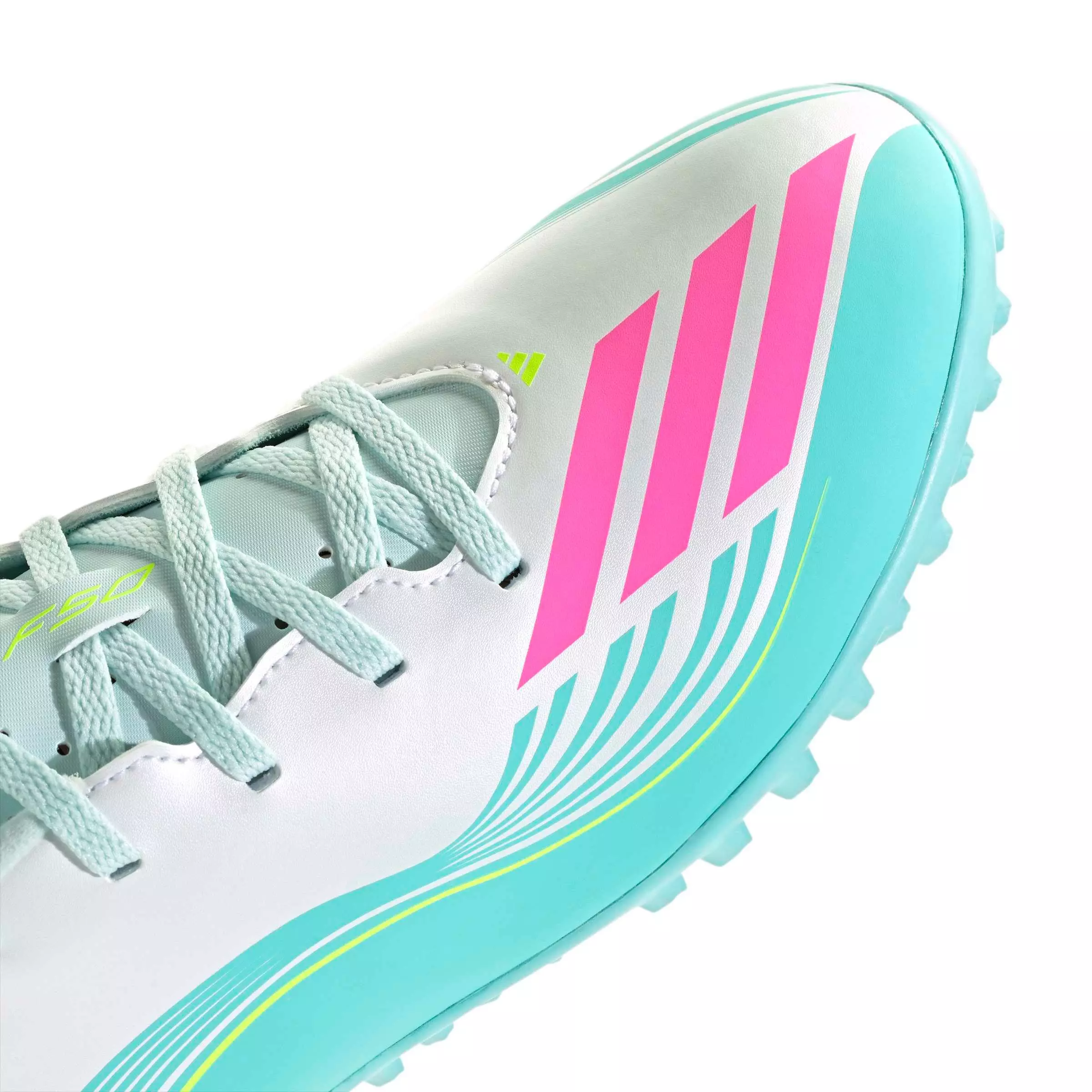 adidas F50 Messi Club Turf "Ftwr White/Lucid Pink/Flash Aqua" Men's Soccer Shoe - WHITE/PINK/AQUA