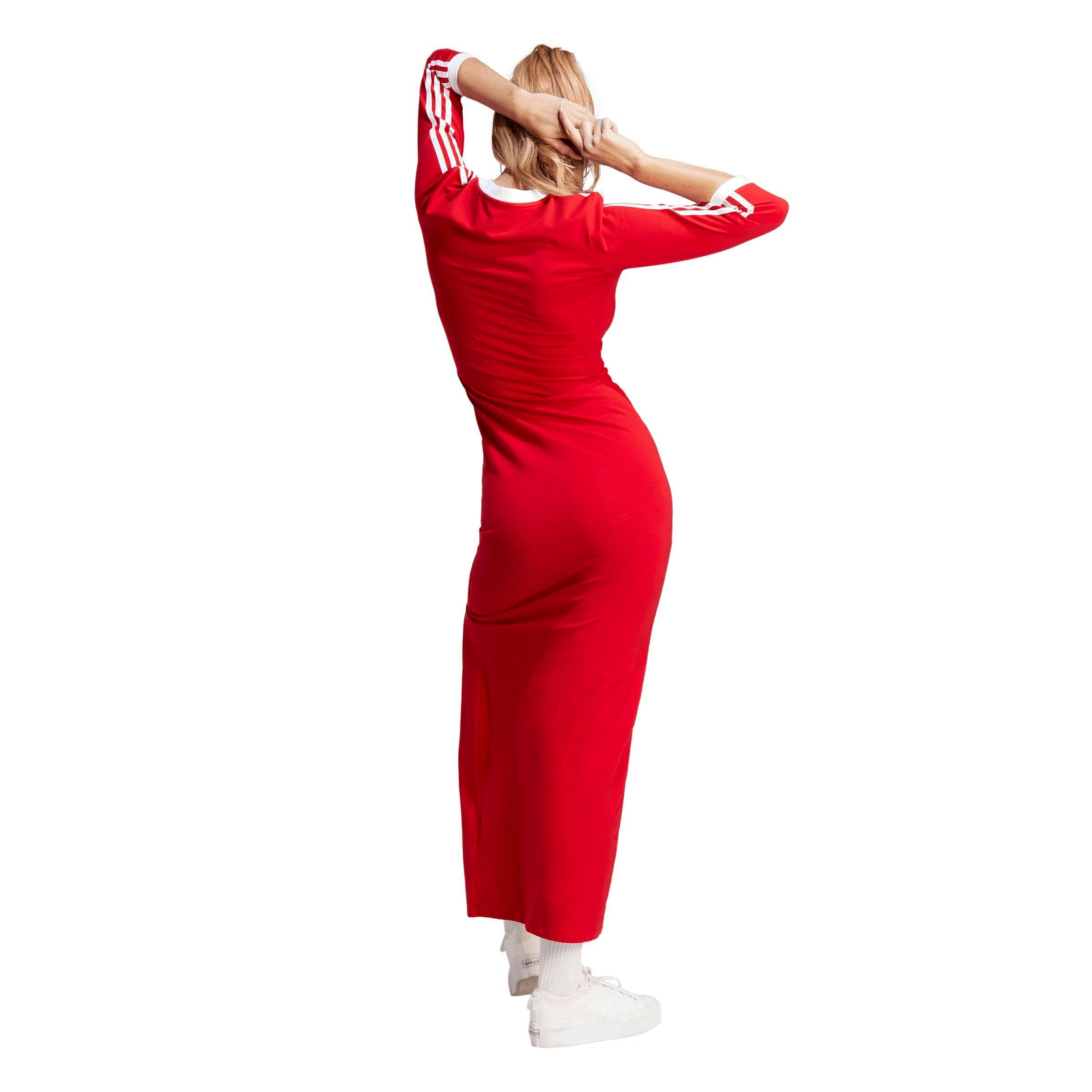adidas Originals Women's Adicolor Classics 3-Stripes V-Neck Maxi Dress - Red - RED Thumbnail View 2