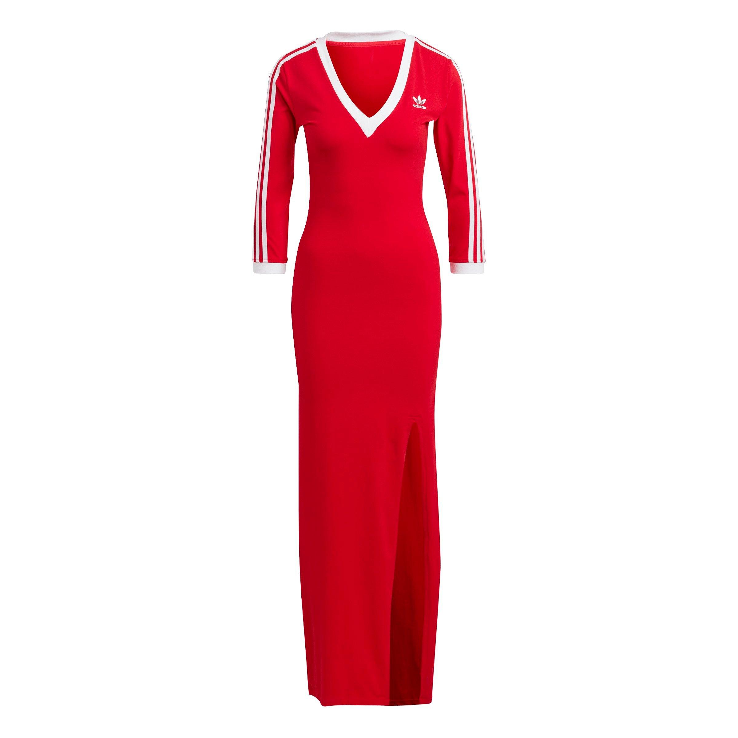 adidas Originals Women's Adicolor Classics 3-Stripes V-Neck Maxi Dress - Red - RED Thumbnail View 6