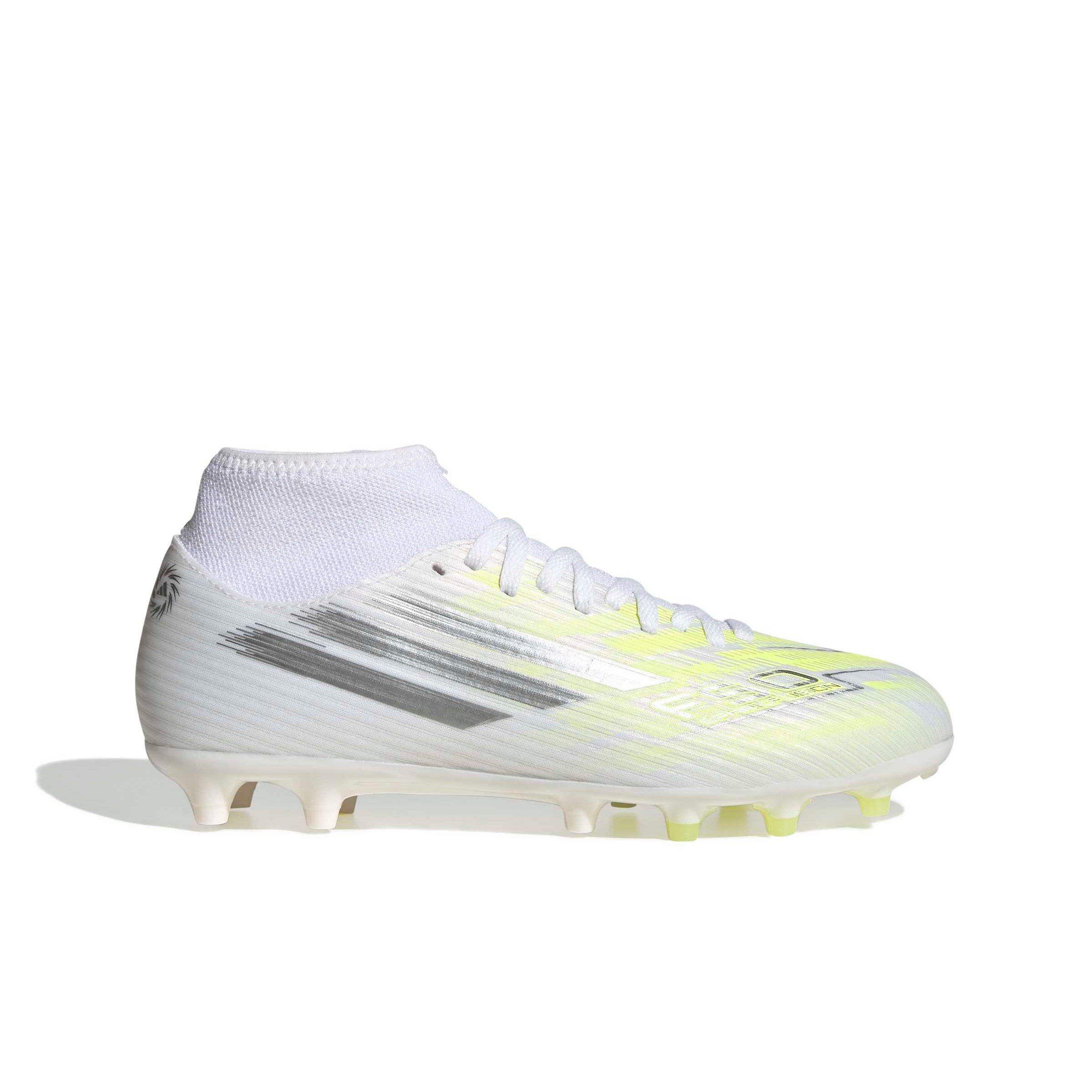 adidas F50 Sparkfusion Club Mid Cut MG "Ftwr White/Iron Metallic/Hi-Res Yellow" Women's Soccer Cleat - WHITE/IRON/YELLOW Thumbnail View 1