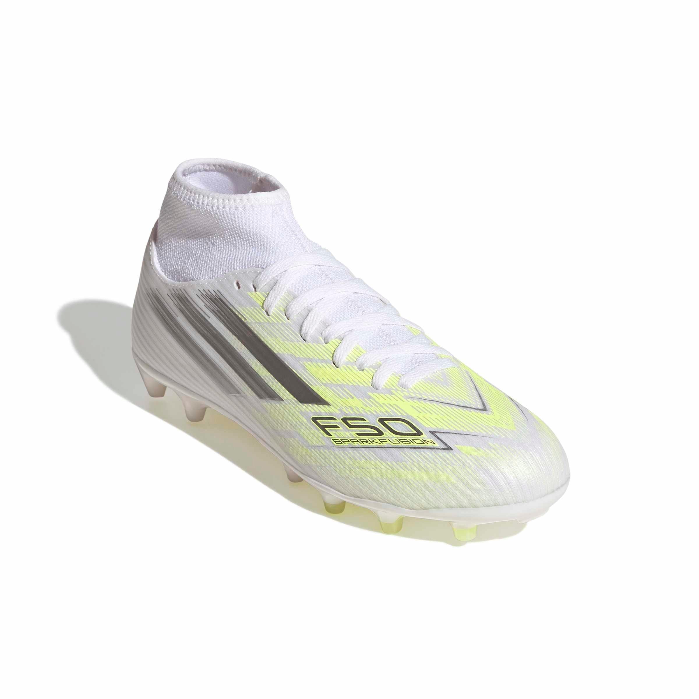 adidas F50 Sparkfusion Club Mid Cut MG "Ftwr White/Iron Metallic/Hi-Res Yellow" Women's Soccer Cleat - WHITE/IRON/YELLOW Thumbnail View 3