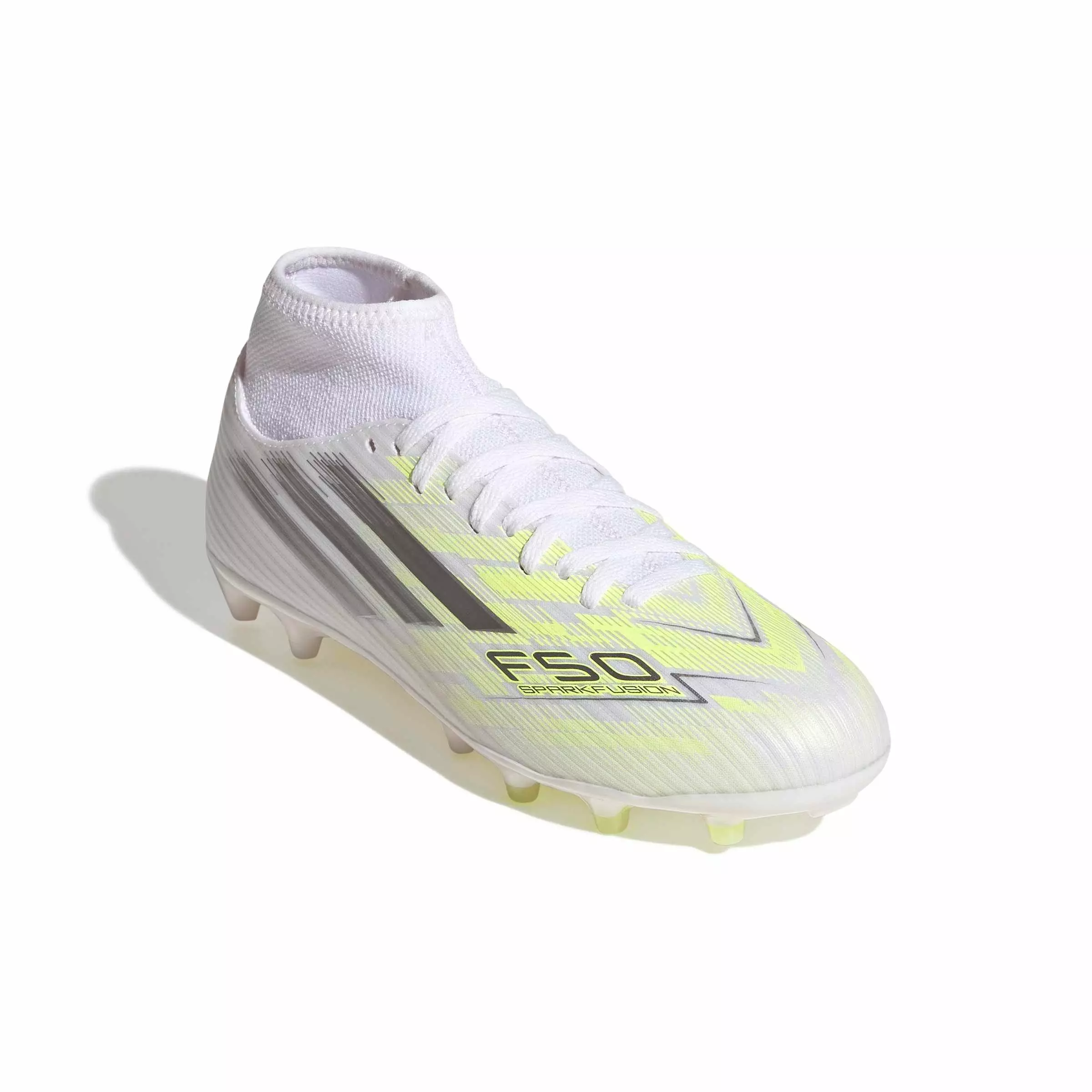 adidas F50 Sparkfusion Club Mid Cut MG "Ftwr White/Iron Metallic/Hi-Res Yellow" Women's Soccer Cleat - WHITE/IRON/YELLOW