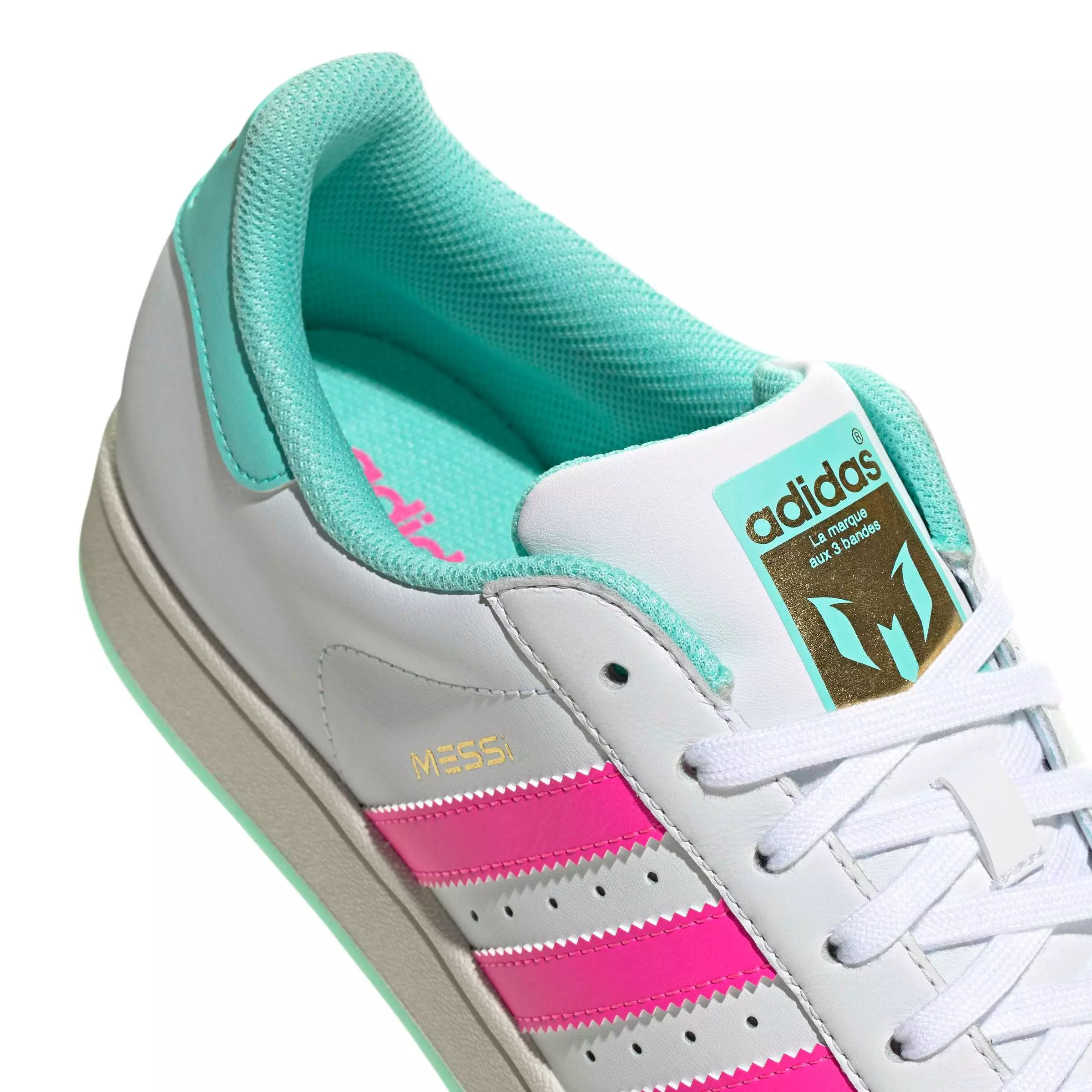 adidas Superstar Messi "Ftwr White/Lucid Pink/Flash Aqua" Men's Soccer Shoe - WHITE/PINK/AQUA