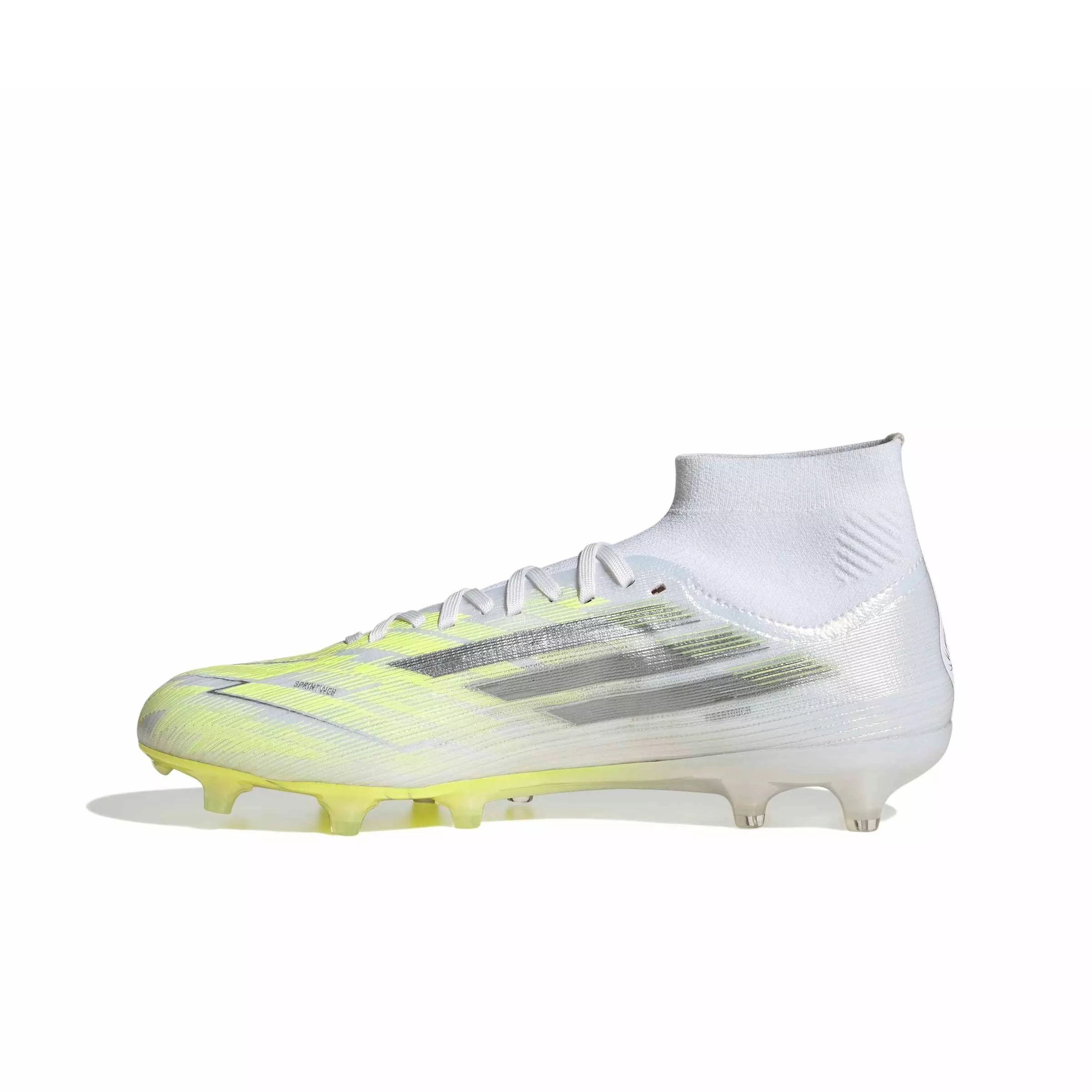 adidas F50 Sparkfusion Pro Mid Cut MG "Ftwr White/Iron Metallic/Hi-Res Yellow" Women's Soccer Cleat - WHITE/IRON/YELLOW
