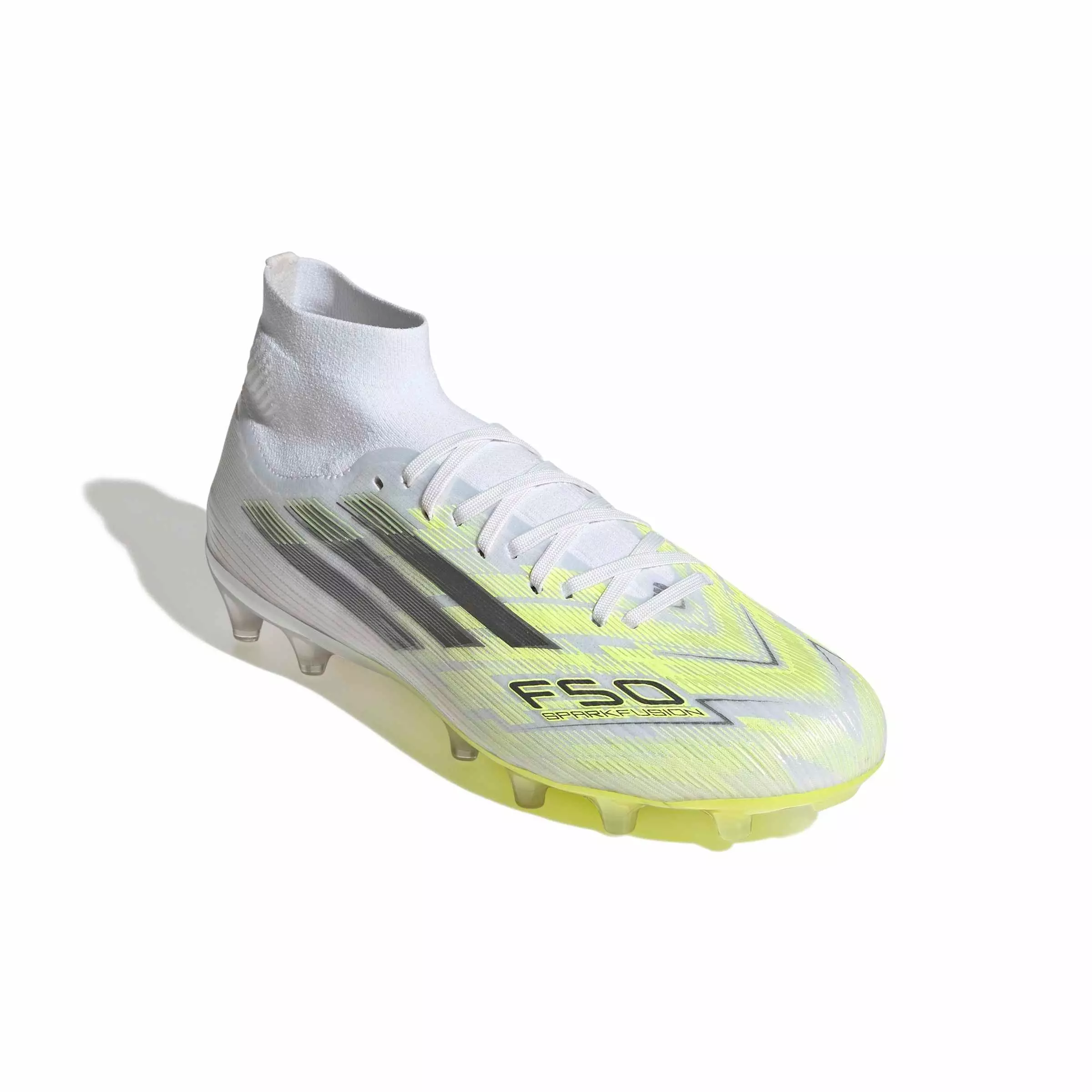 adidas F50 Sparkfusion Pro Mid Cut MG "Ftwr White/Iron Metallic/Hi-Res Yellow" Women's Soccer Cleat - WHITE/IRON/YELLOW