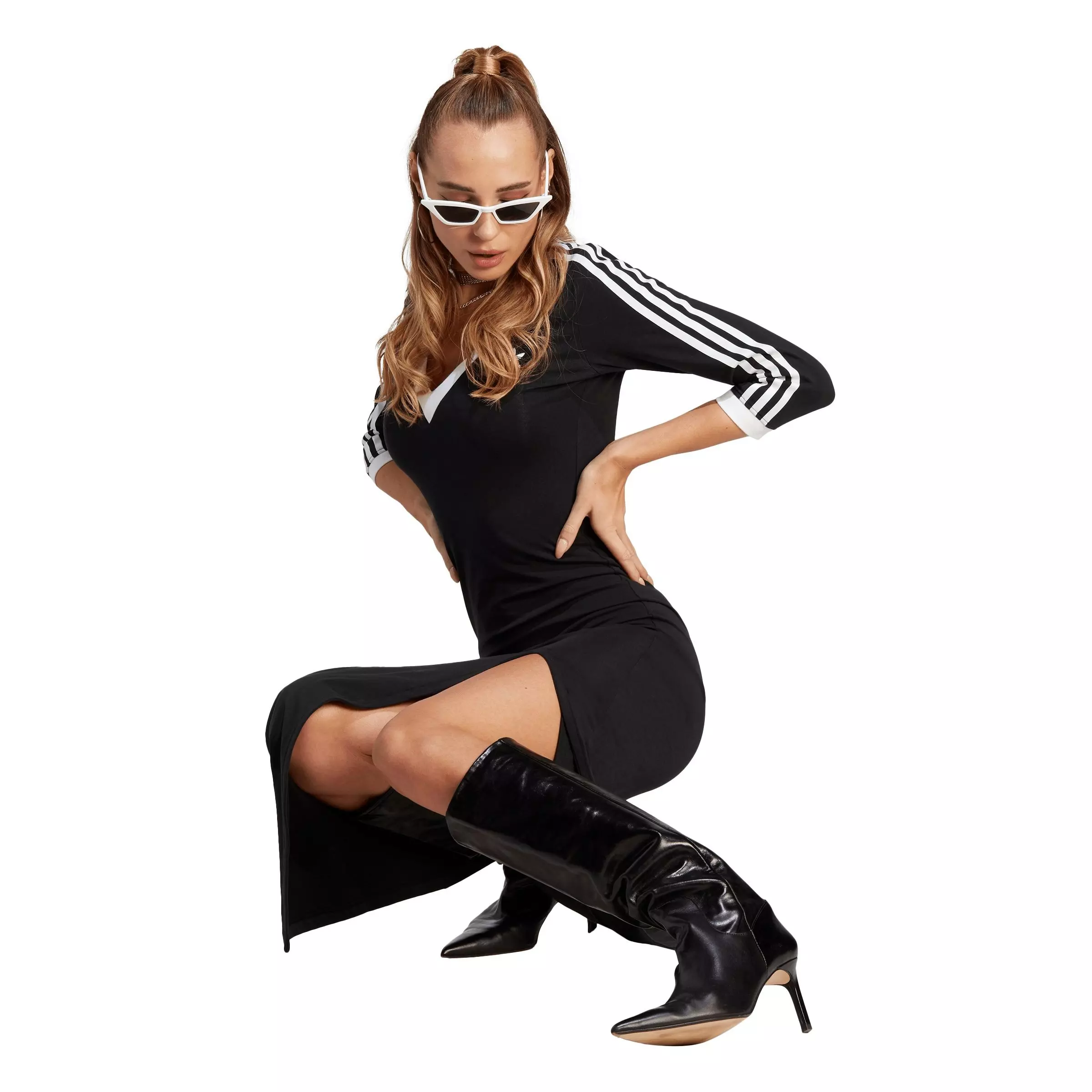 adidas Originals Women's Adicolor Classics 3-Stripes V-Neck Maxi Dress - Black - BLACK