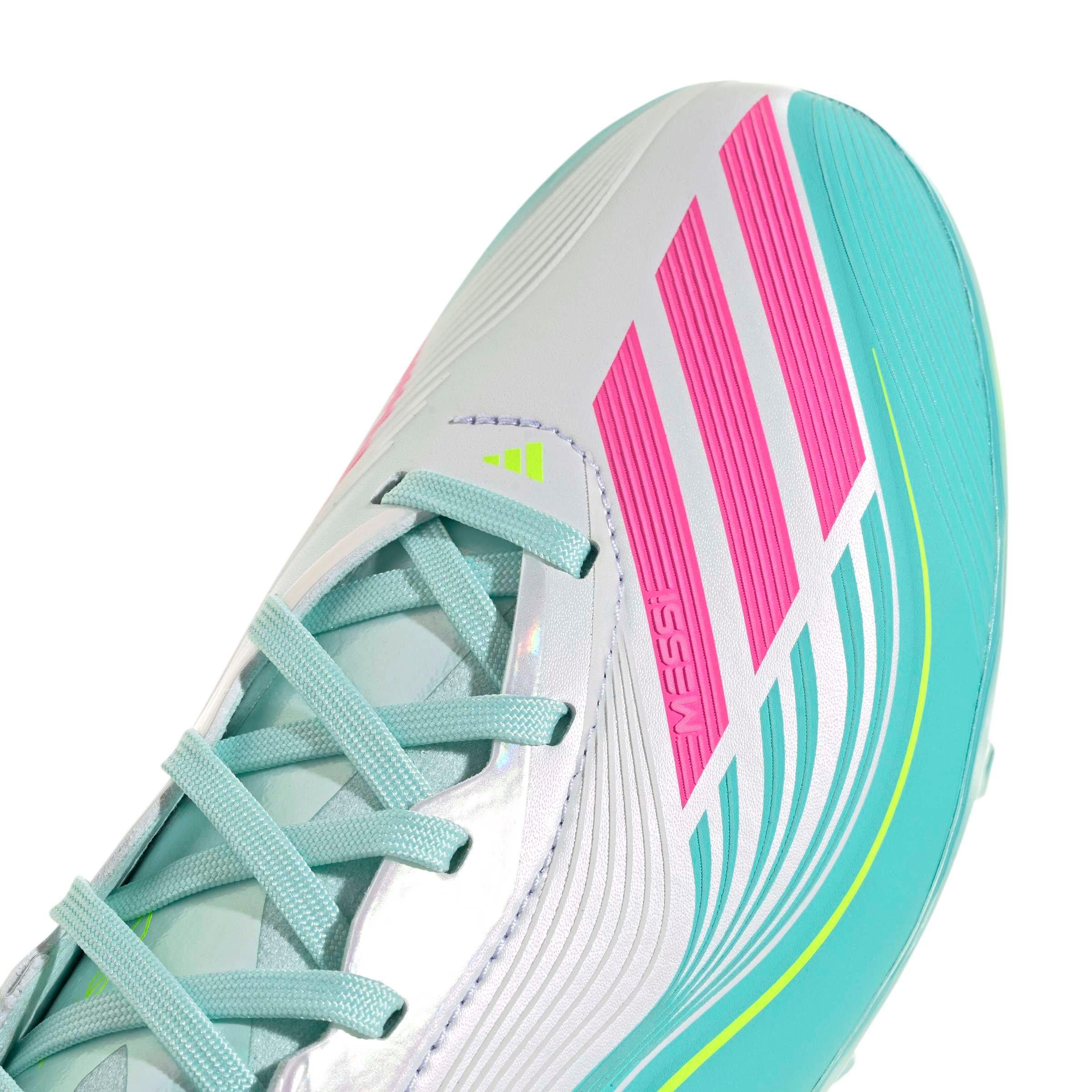 adidas F50 Messi Elite FG "Ftwr White/Lucid Pink/Flash Aqua" Preschool Kids' Soccer Cleat - WHITE/PINK/AQUA Thumbnail View 8