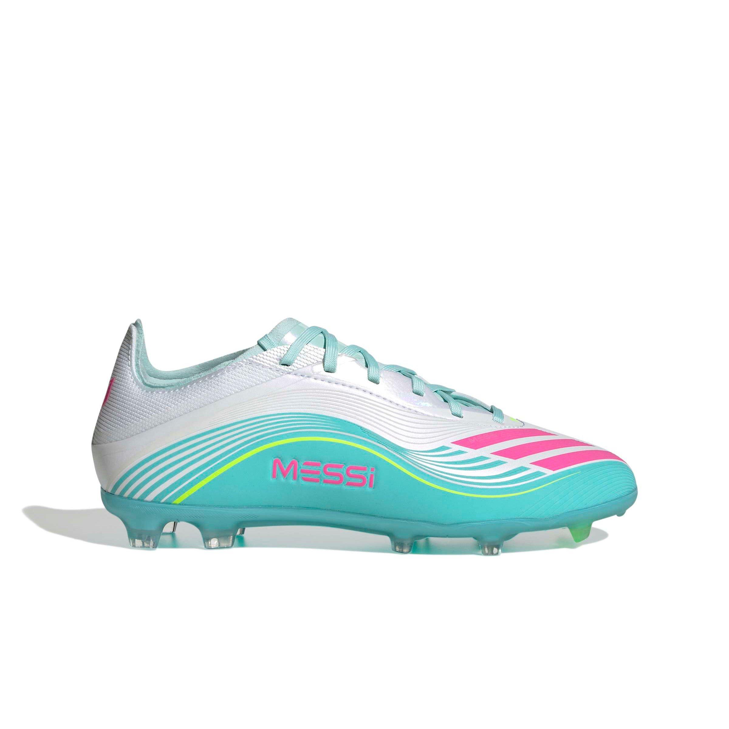 adidas F50 Messi Elite FG "Ftwr White/Lucid Pink/Flash Aqua" Grade School Kids' Soccer Cleat - WHITE/PINK/AQUA Thumbnail View 1