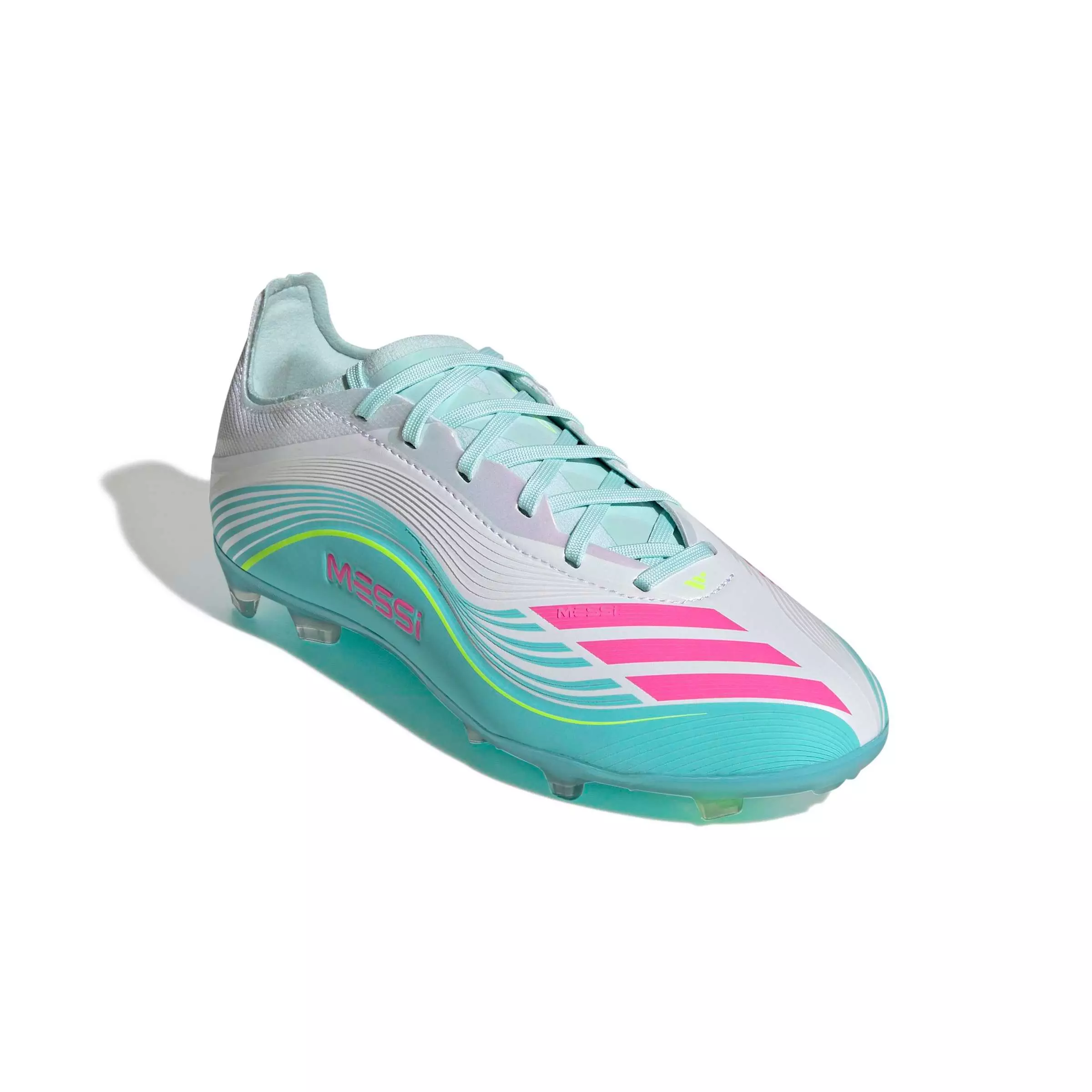 adidas F50 Messi Elite FG "Ftwr White/Lucid Pink/Flash Aqua" Grade School Kids' Soccer Cleat - WHITE/PINK/AQUA