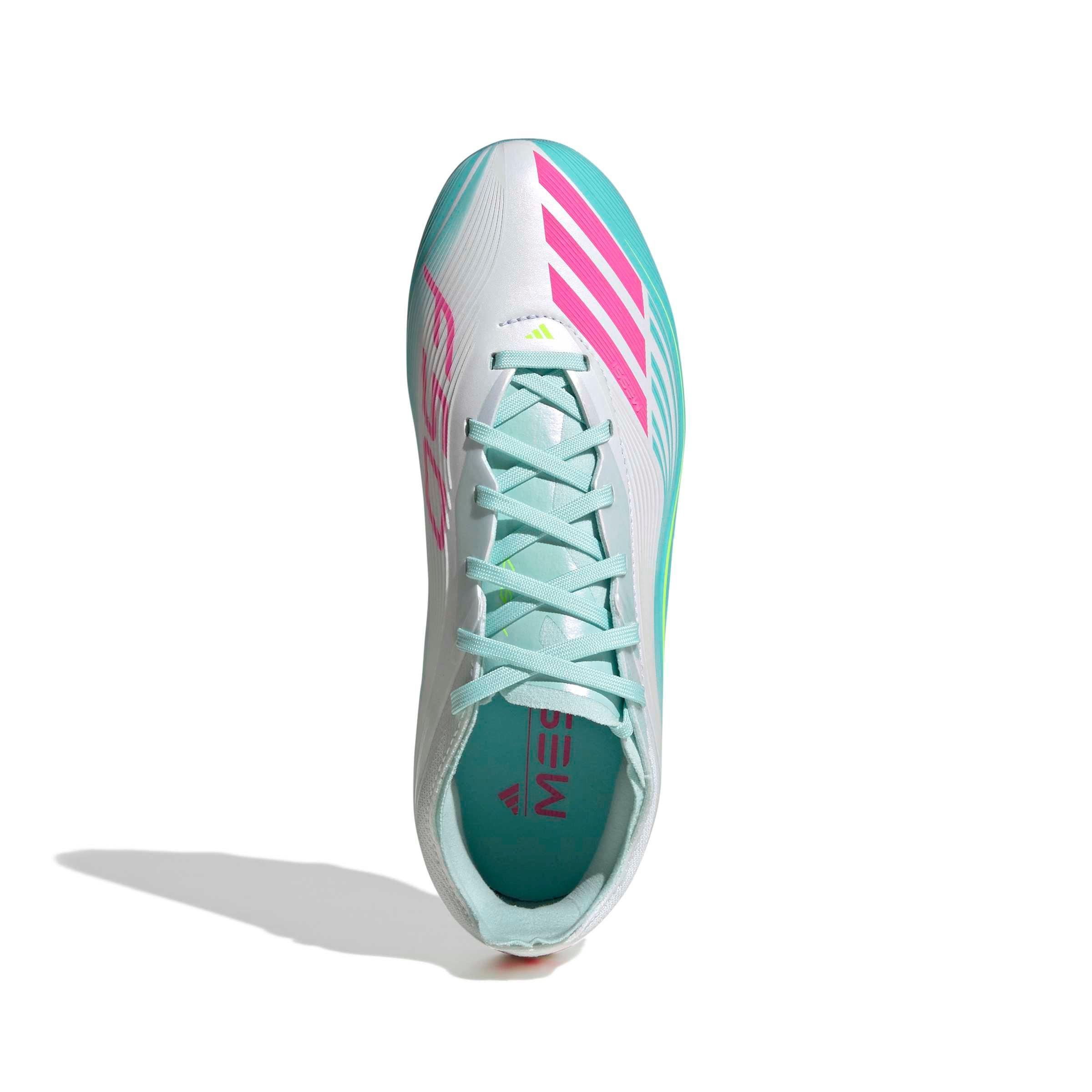 adidas F50 Messi Elite FG "Ftwr White/Lucid Pink/Flash Aqua" Grade School Kids' Soccer Cleat - WHITE/PINK/AQUA Thumbnail View 5