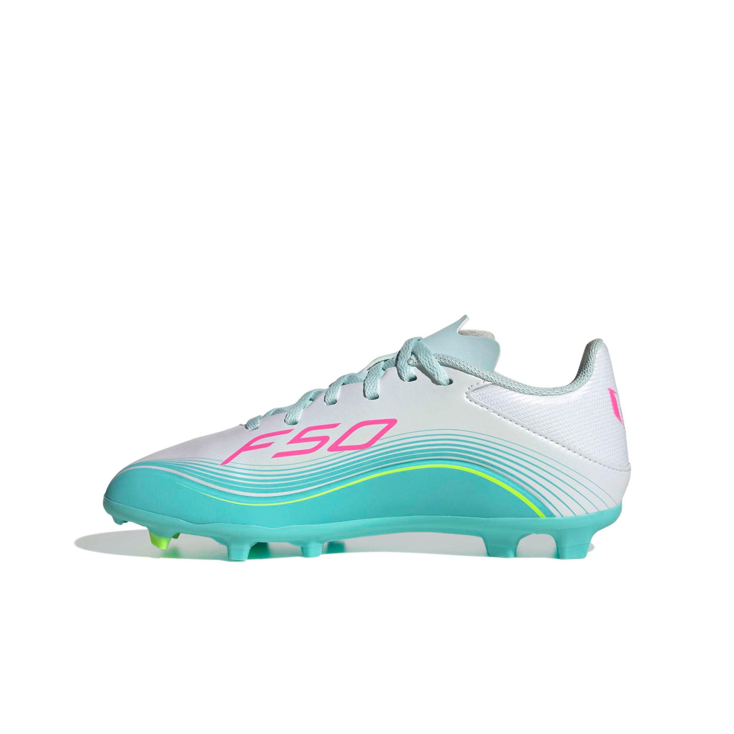 adidas F50 Messi League MG "Ftwr White/Lucid Pink/Flash Aqua" Preschool Kids' Soccer Cleat - WHITE/PINK/AQUA Thumbnail View 2