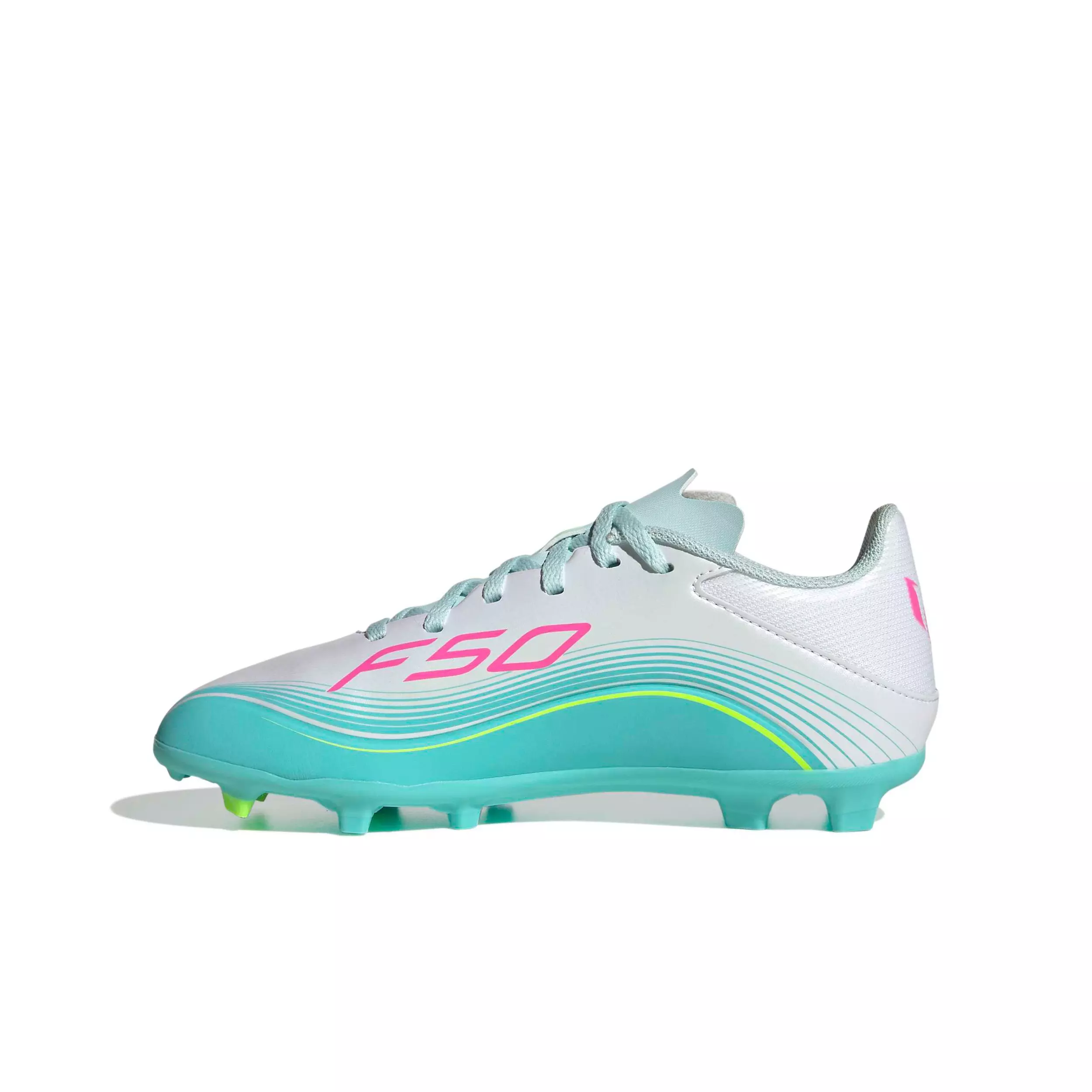 adidas F50 Messi League MG "Ftwr White/Lucid Pink/Flash Aqua" Preschool Kids' Soccer Cleat - WHITE/PINK/AQUA