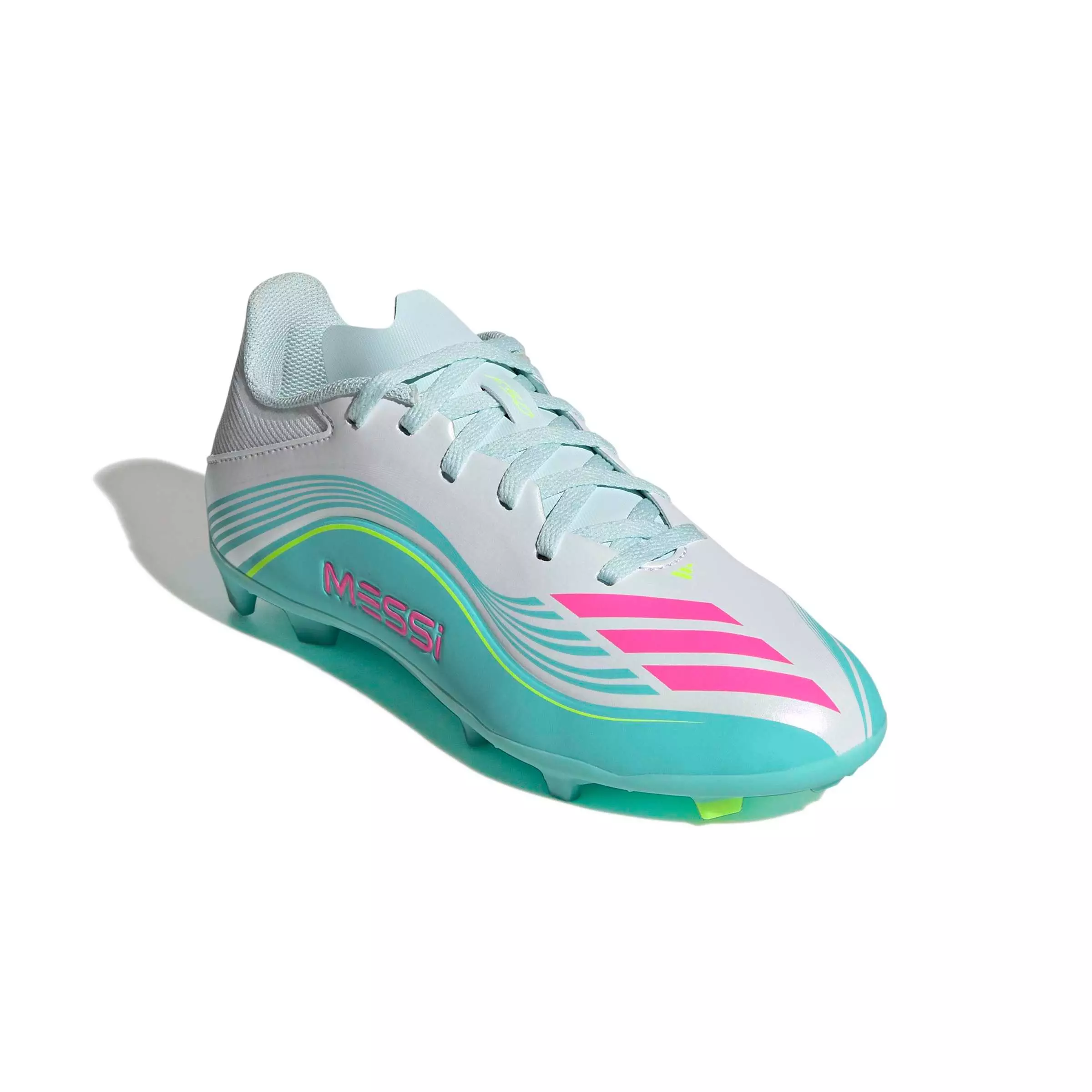 adidas F50 Messi League MG "Ftwr White/Lucid Pink/Flash Aqua" Preschool Kids' Soccer Cleat - WHITE/PINK/AQUA