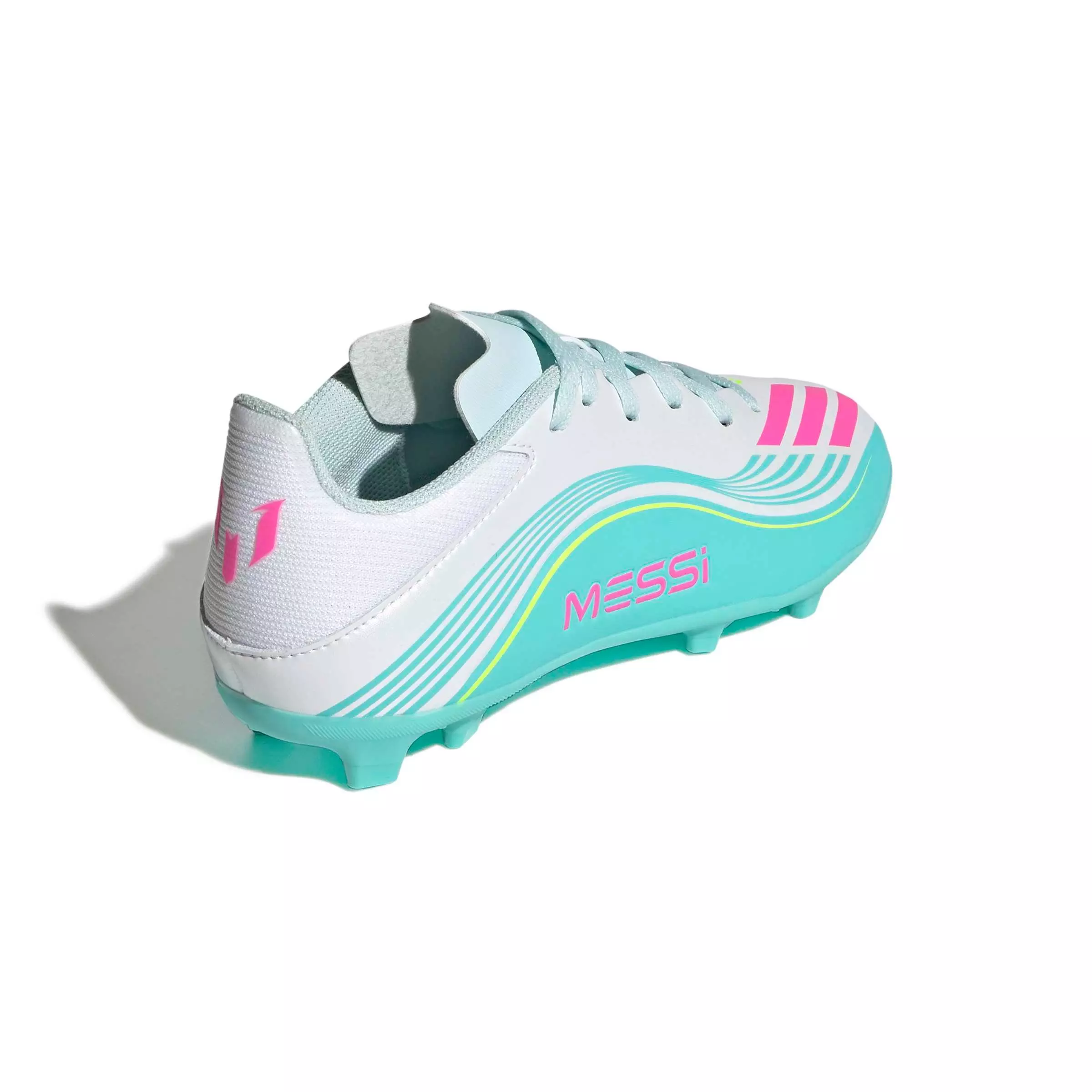 adidas F50 Messi League FG "Ftwr White/Lucid Pink/Flash Aqua" Grade School Kids' Soccer Cleat - WHITE/PINK/AQUA