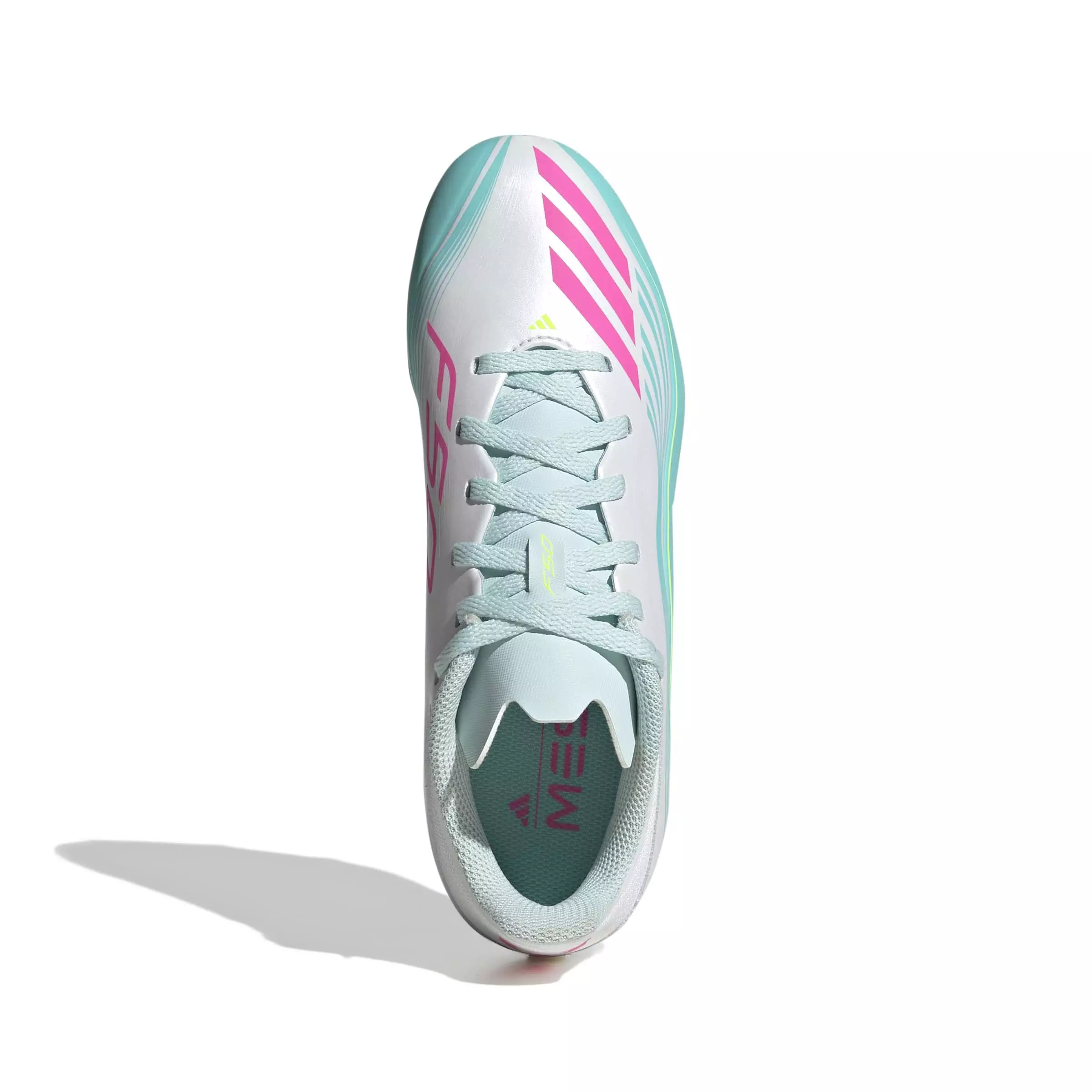 adidas F50 Messi League FG "Ftwr White/Lucid Pink/Flash Aqua" Grade School Kids' Soccer Cleat - WHITE/PINK/AQUA