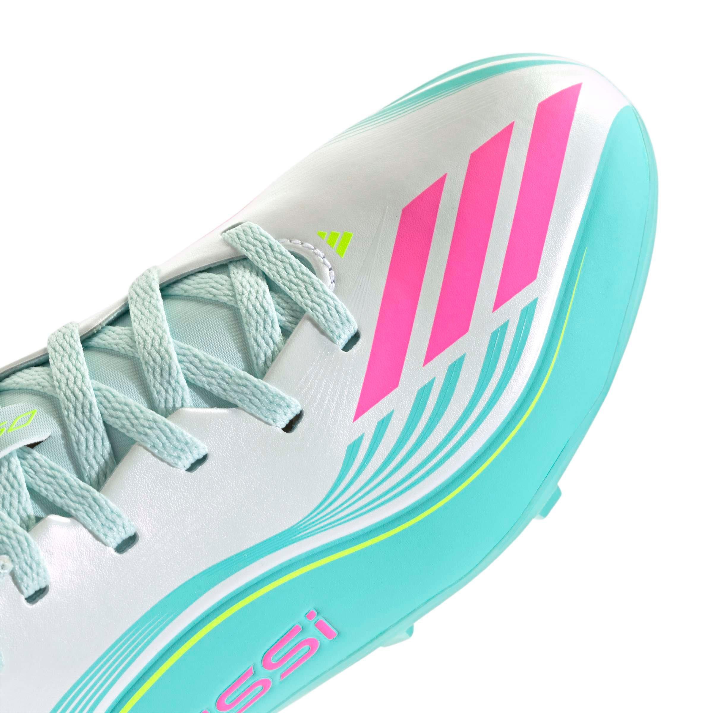 adidas F50 Messi League FG "Ftwr White/Lucid Pink/Flash Aqua" Grade School Kids' Soccer Cleat - WHITE/PINK/AQUA Thumbnail View 8