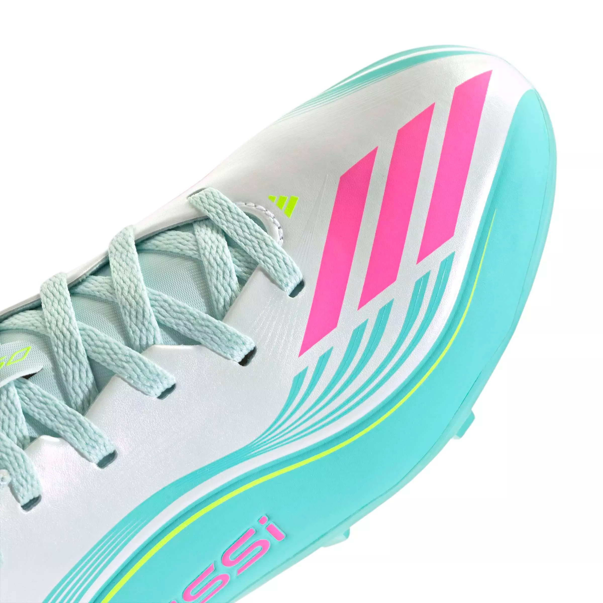 adidas F50 Messi League FG "Ftwr White/Lucid Pink/Flash Aqua" Grade School Kids' Soccer Cleat - WHITE/PINK/AQUA