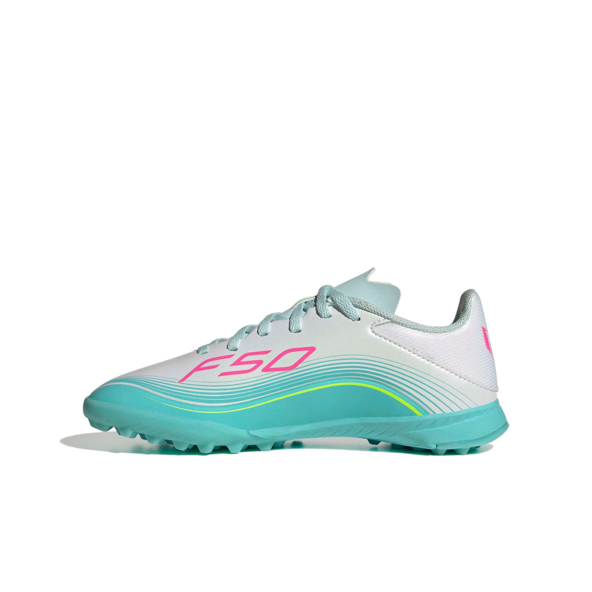 adidas F50 Messi League Turf "Ftwr White/Lucid Pink/Flash Aqua" Preschool Kids' Soccer Shoe - WHITE/PINK/AQUA Thumbnail View 2