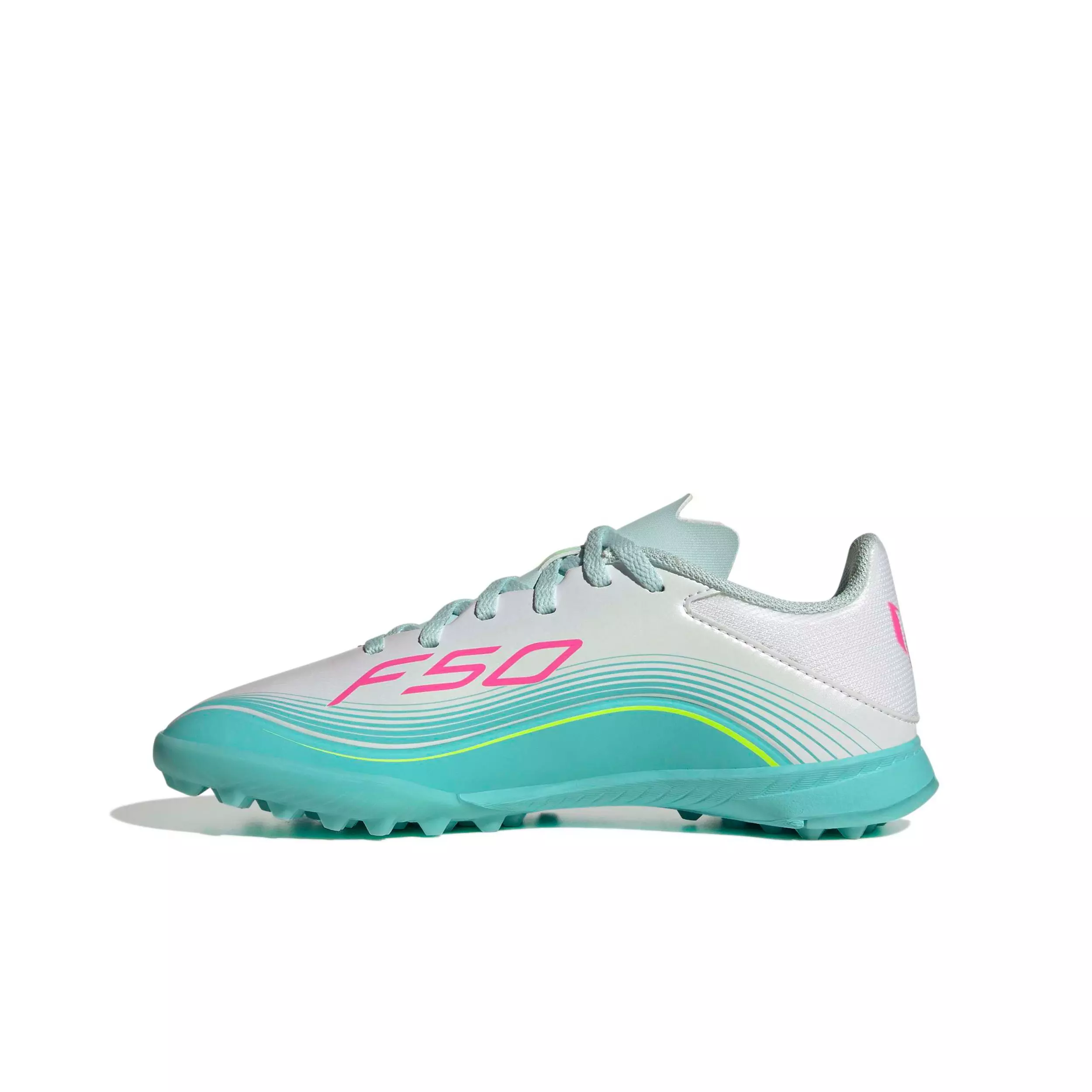 adidas F50 Messi League Turf "Ftwr White/Lucid Pink/Flash Aqua" Preschool Kids' Soccer Shoe - WHITE/PINK/AQUA
