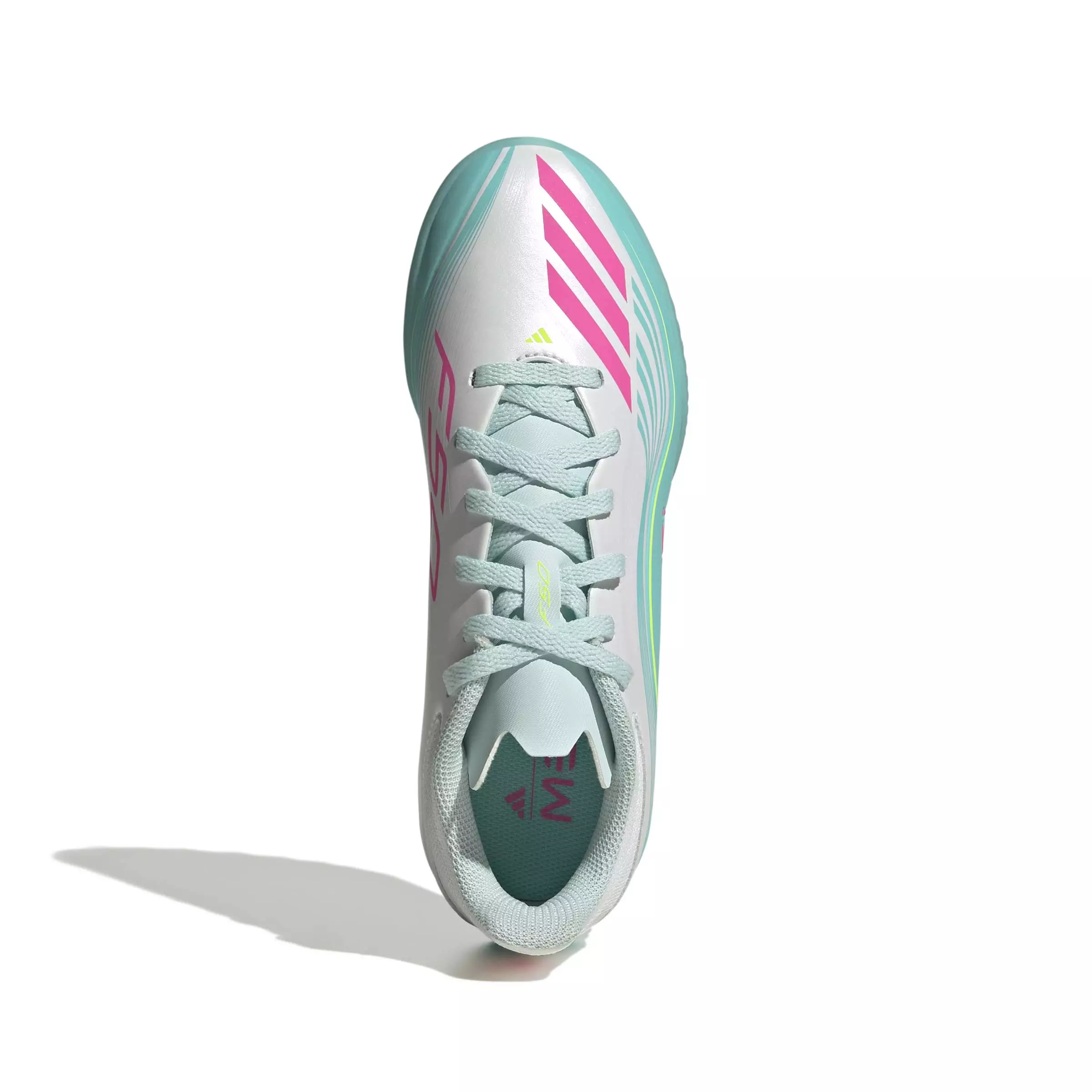 adidas F50 Messi League Turf "Ftwr White/Lucid Pink/Flash Aqua" Preschool Kids' Soccer Shoe - WHITE/PINK/AQUA