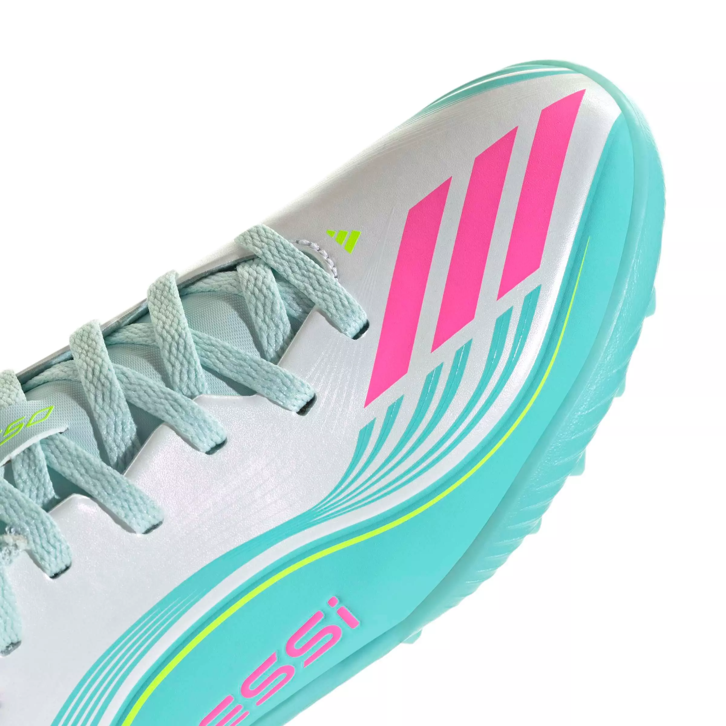 adidas F50 Messi League Turf "Ftwr White/Lucid Pink/Flash Aqua" Preschool Kids' Soccer Shoe - WHITE/PINK/AQUA