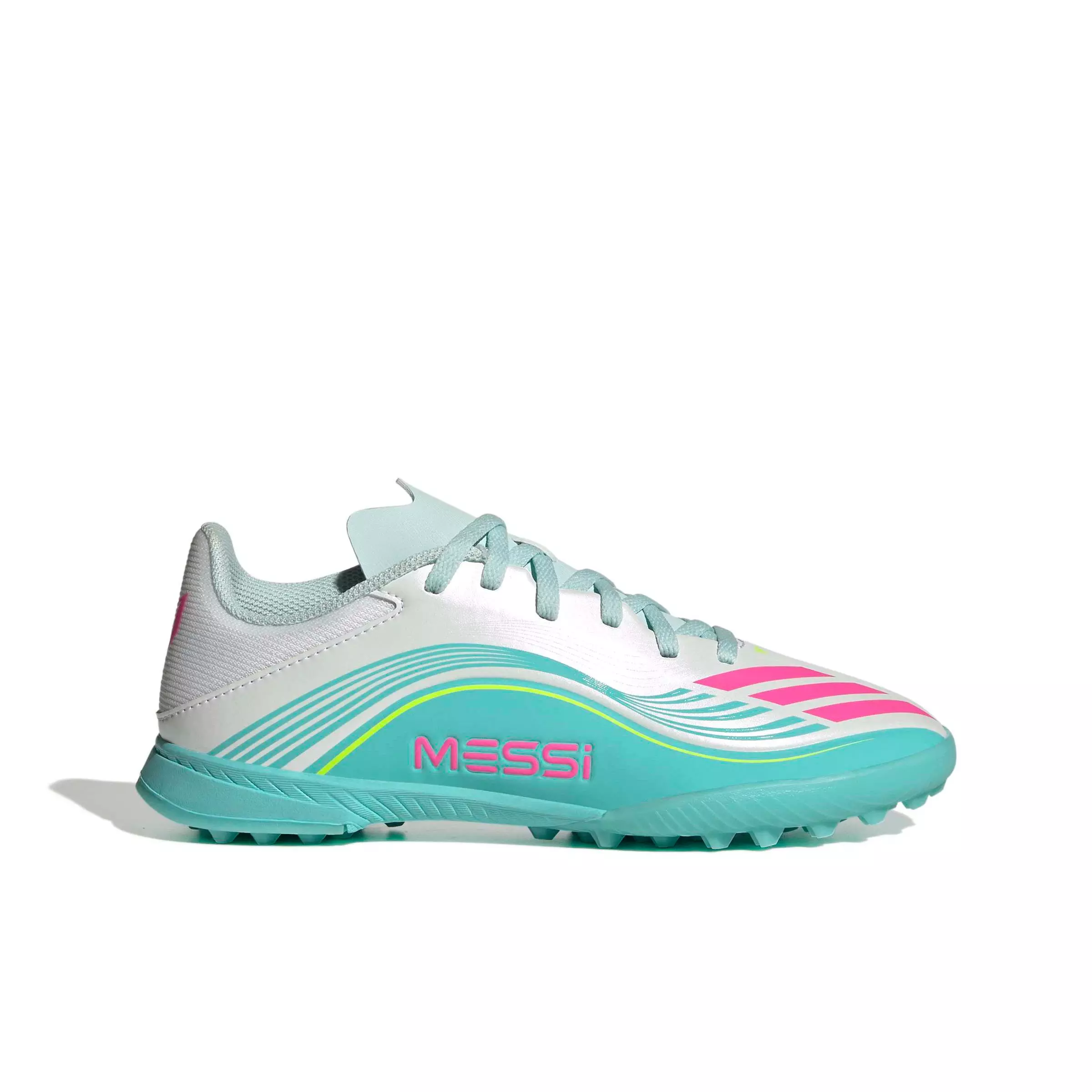 adidas F50 Messi League Turf "Ftwr White/Lucid Pink/Flash Aqua" Grade School Kids' Soccer Shoe - WHITE/PINK/AQUA